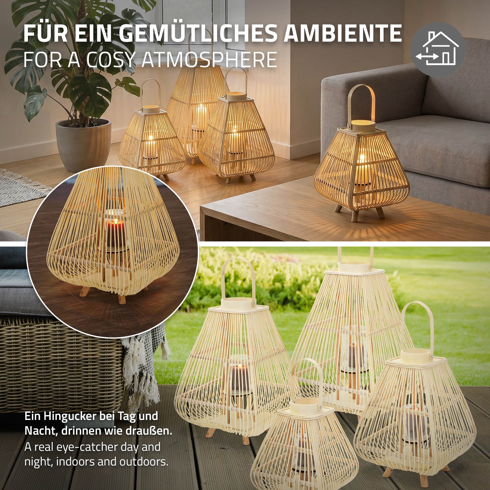 Mehrere Bambuslaternen auf einem Tisch in einem gemütlichen Raum.