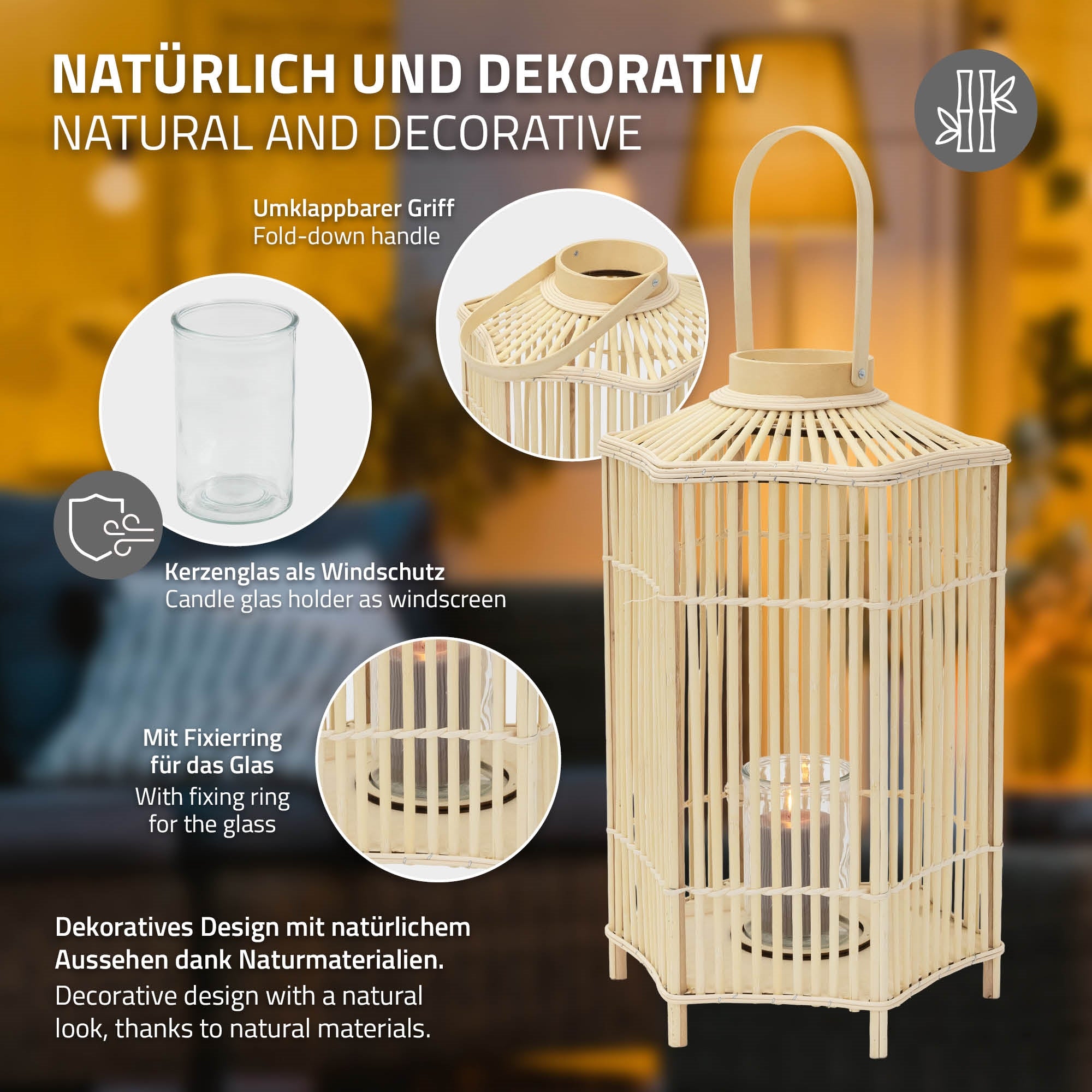 Linterna decorativa de bambú con cristal para vela y asa plegable.