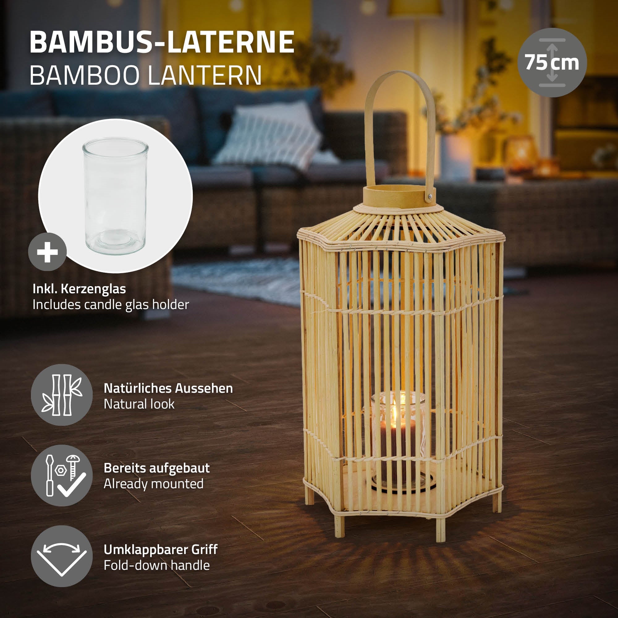 Bambusová lampa se skleněnou nádobou na svíčku, přírodním vzhledem a sklápěcím držadlem.