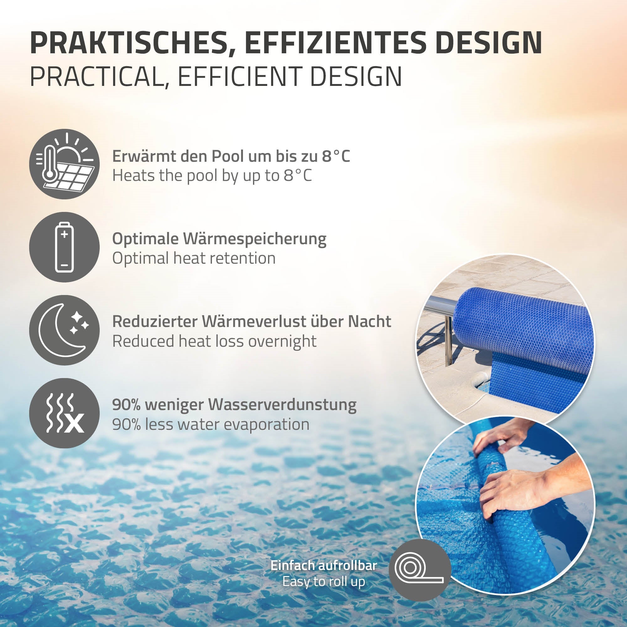 Graphique avec les avantages de la bâche solaire, y compris la conservation de la chaleur et la protection contre l'évaporation.