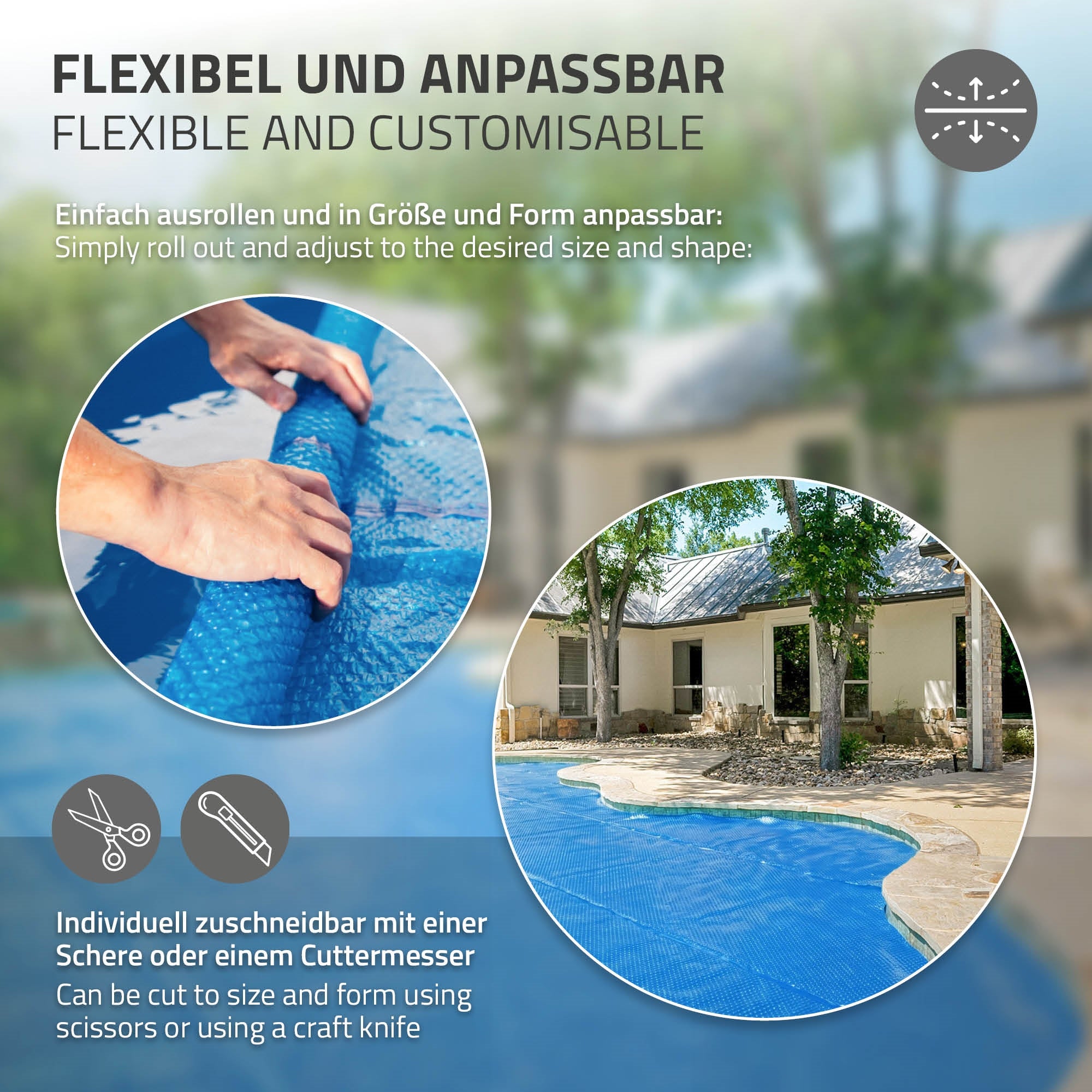 Graphique sur la bâche de piscine flexible, avec des images d'outils de découpe.