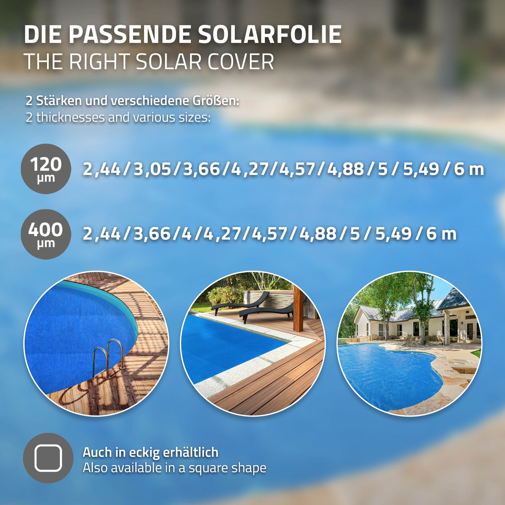 Graphique avec différentes tailles et épaisseurs de bâches solaires pour piscines.