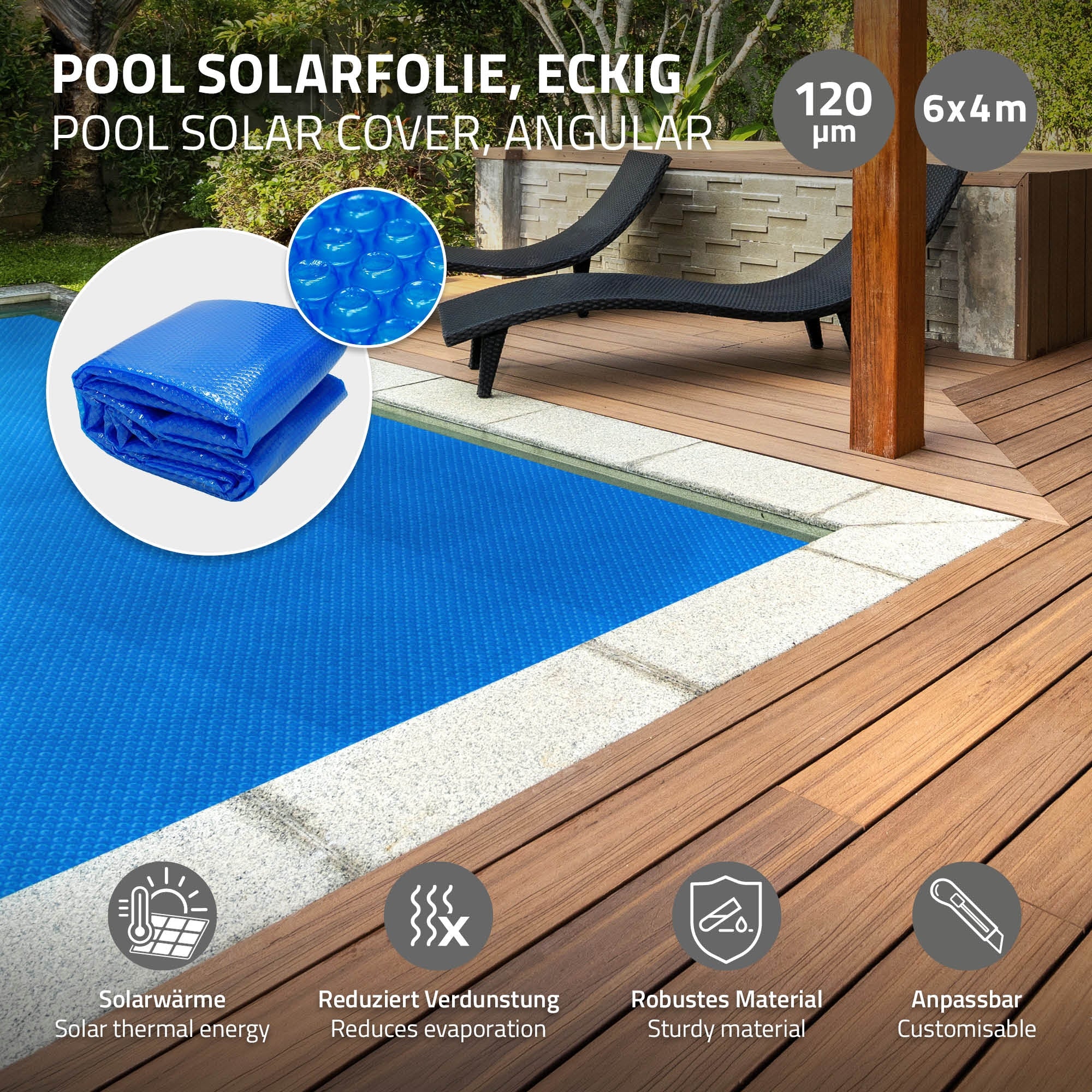 Grafik einer blauen Pool-Solarfolie mit Maßen und Eigenschaften.