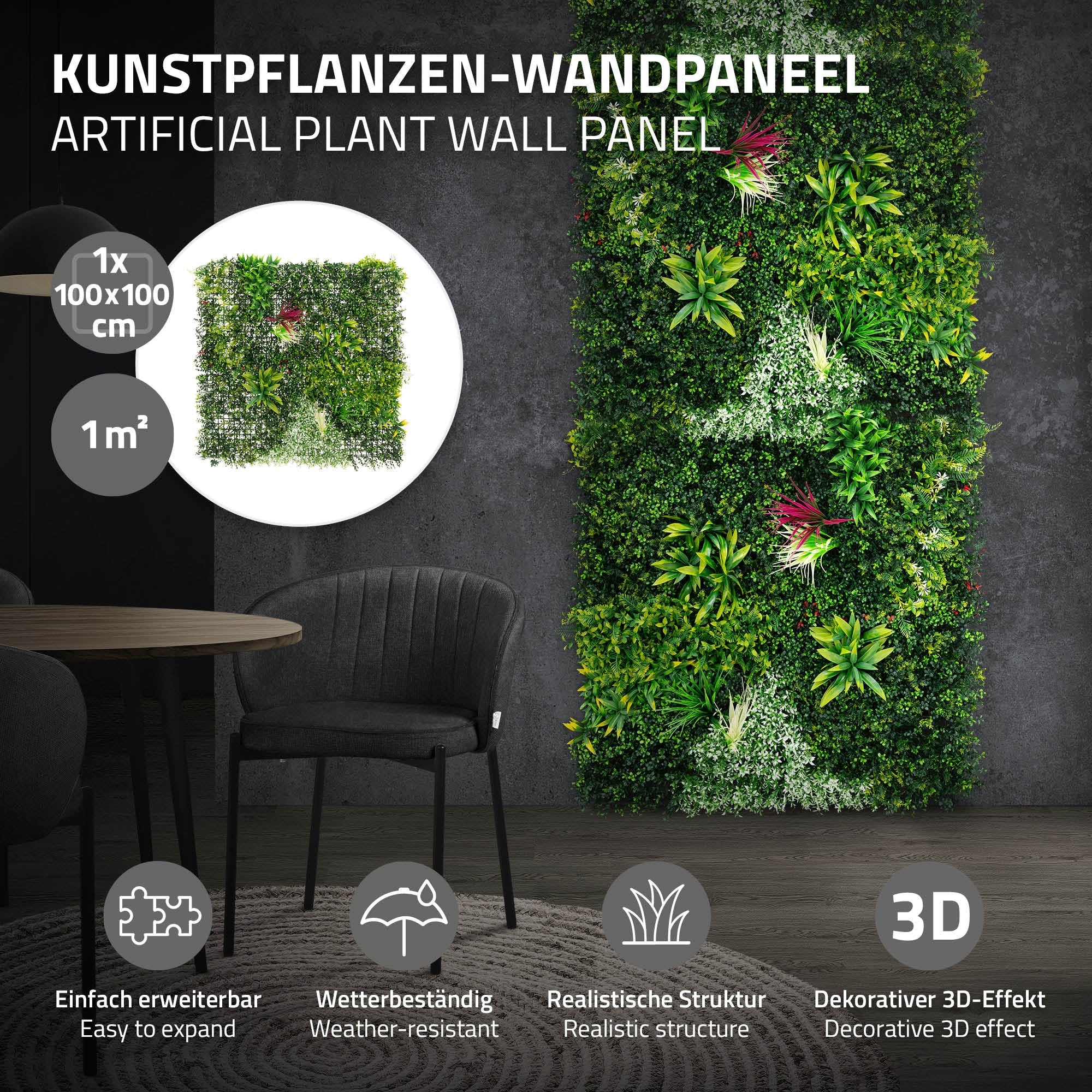 Panneau mural de plantes artificielles avec des plantes vertes et une structure 3D décorative.