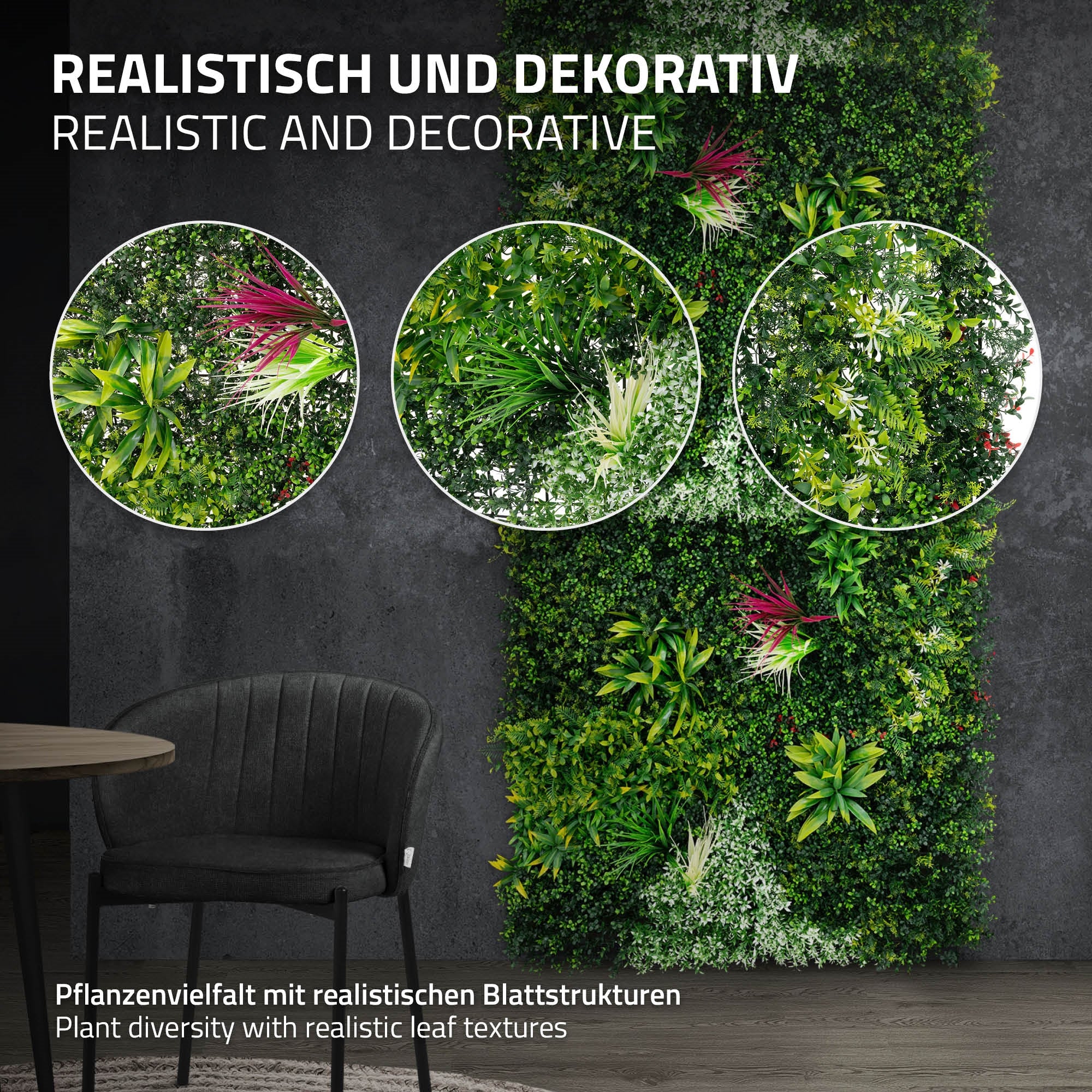 Espace avec un mur de plantes décoratif, une table et un tapis rond.