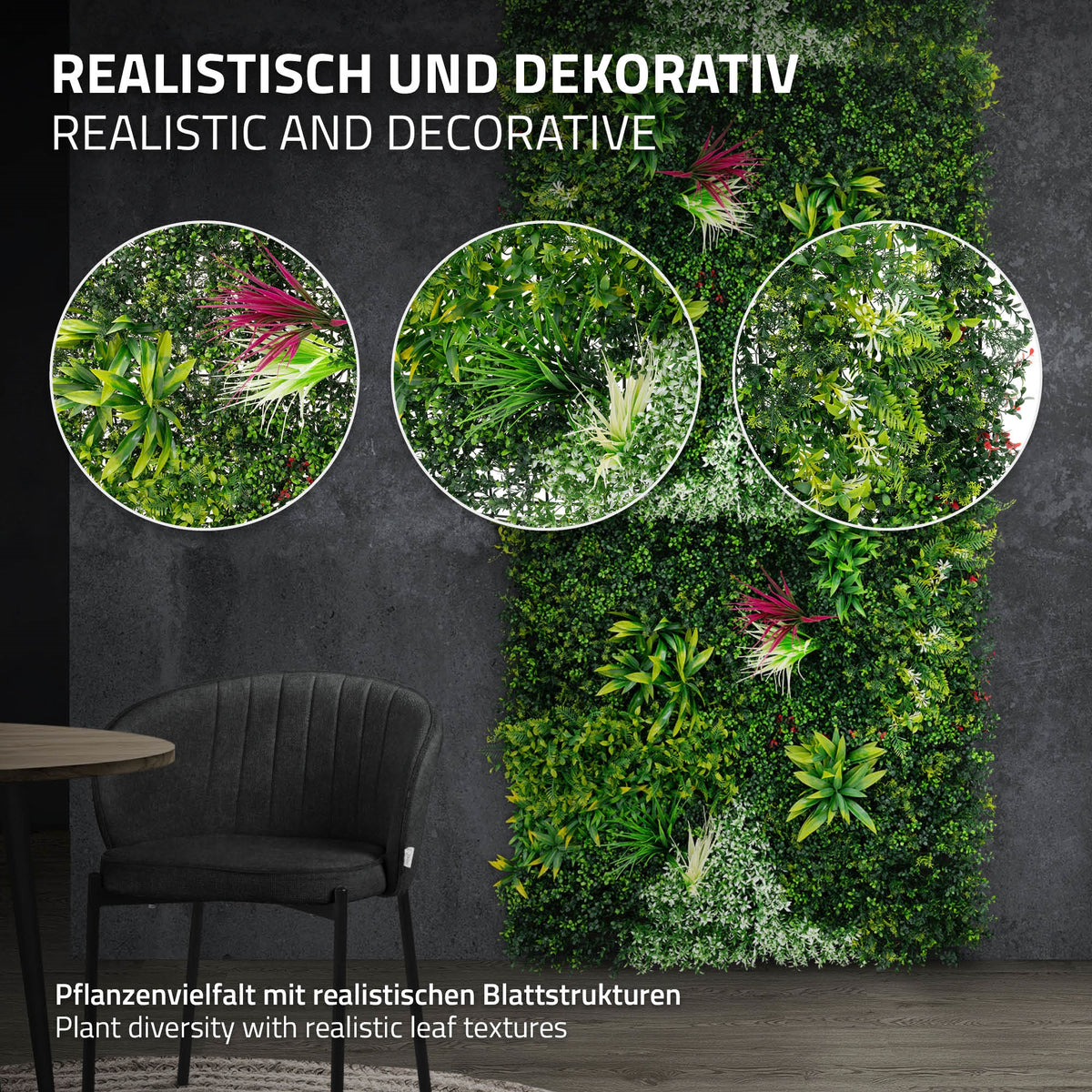 Espace avec un mur de plantes décoratif, une table et un tapis rond.