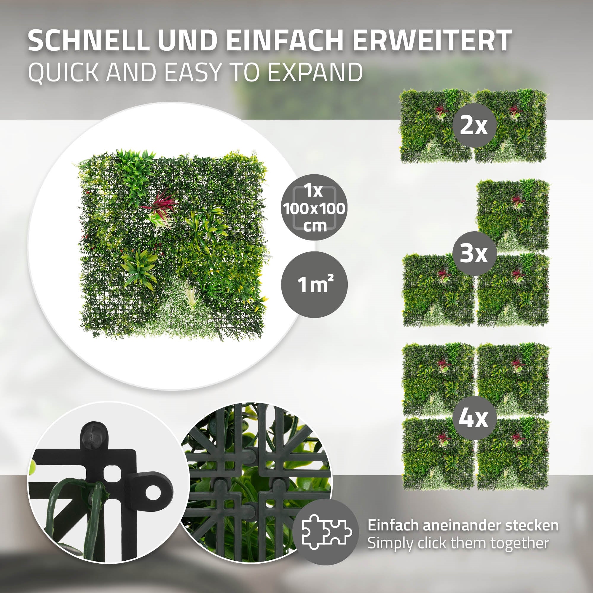 Revêtement mural vert avec des plantes disposées en différentes tailles.
