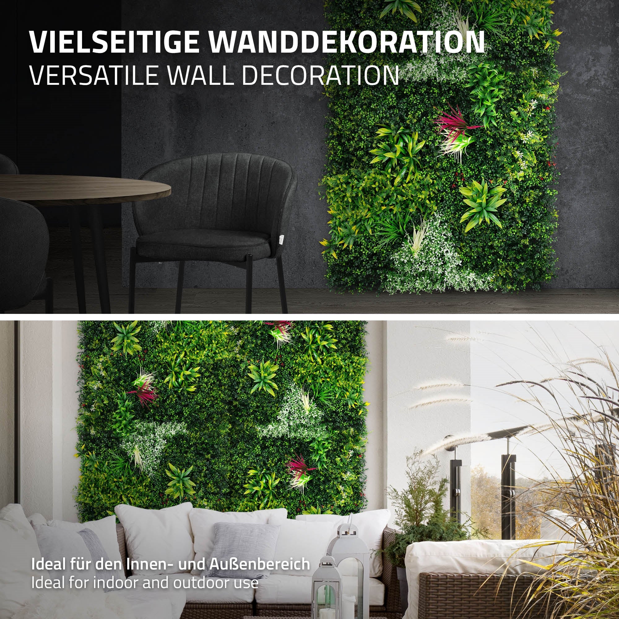 Décoration murale de plantes avec des chaises au premier plan, adaptée aux espaces intérieurs et extérieurs.