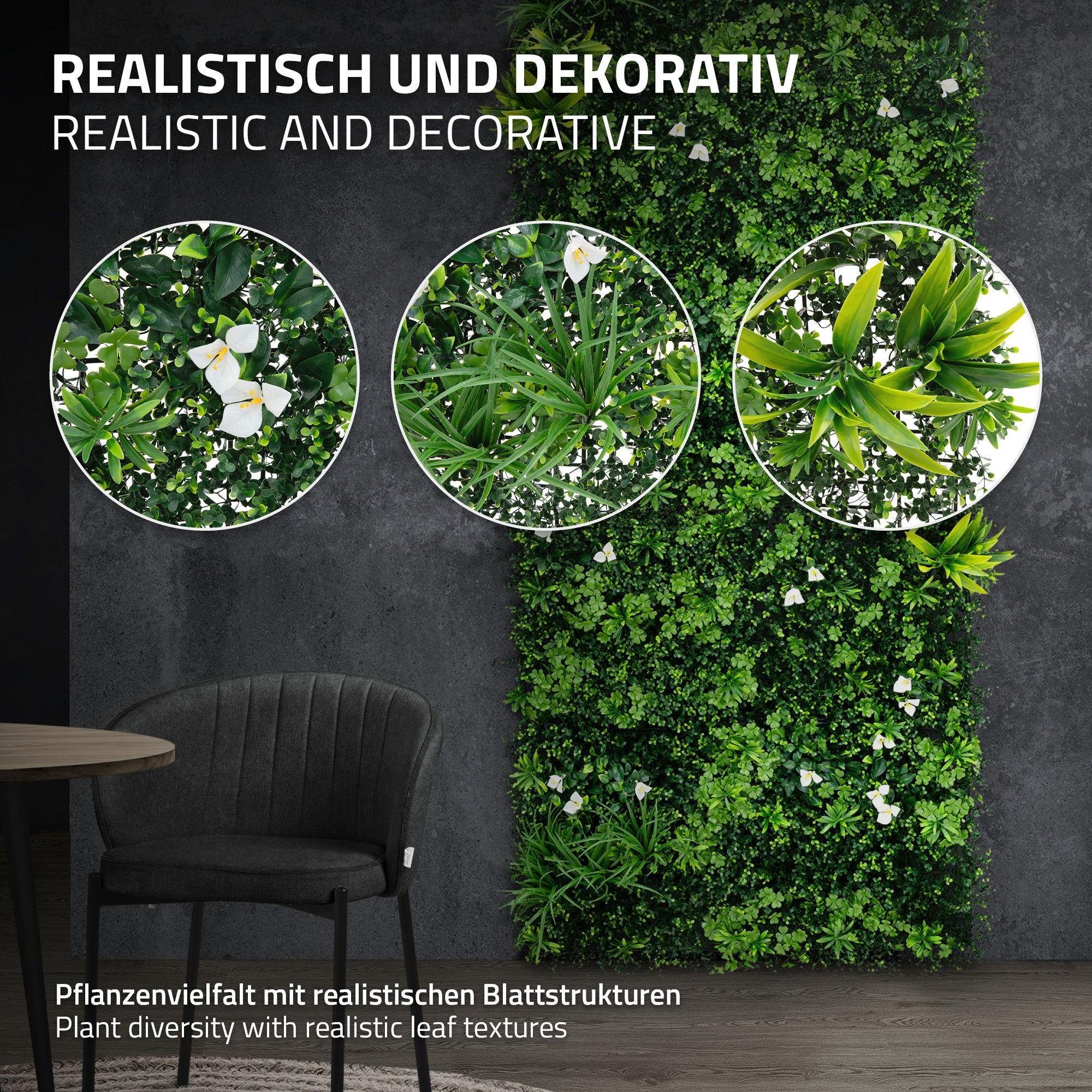 Mur de plantes vertes avec différentes structures de feuilles devant un mur gris.
