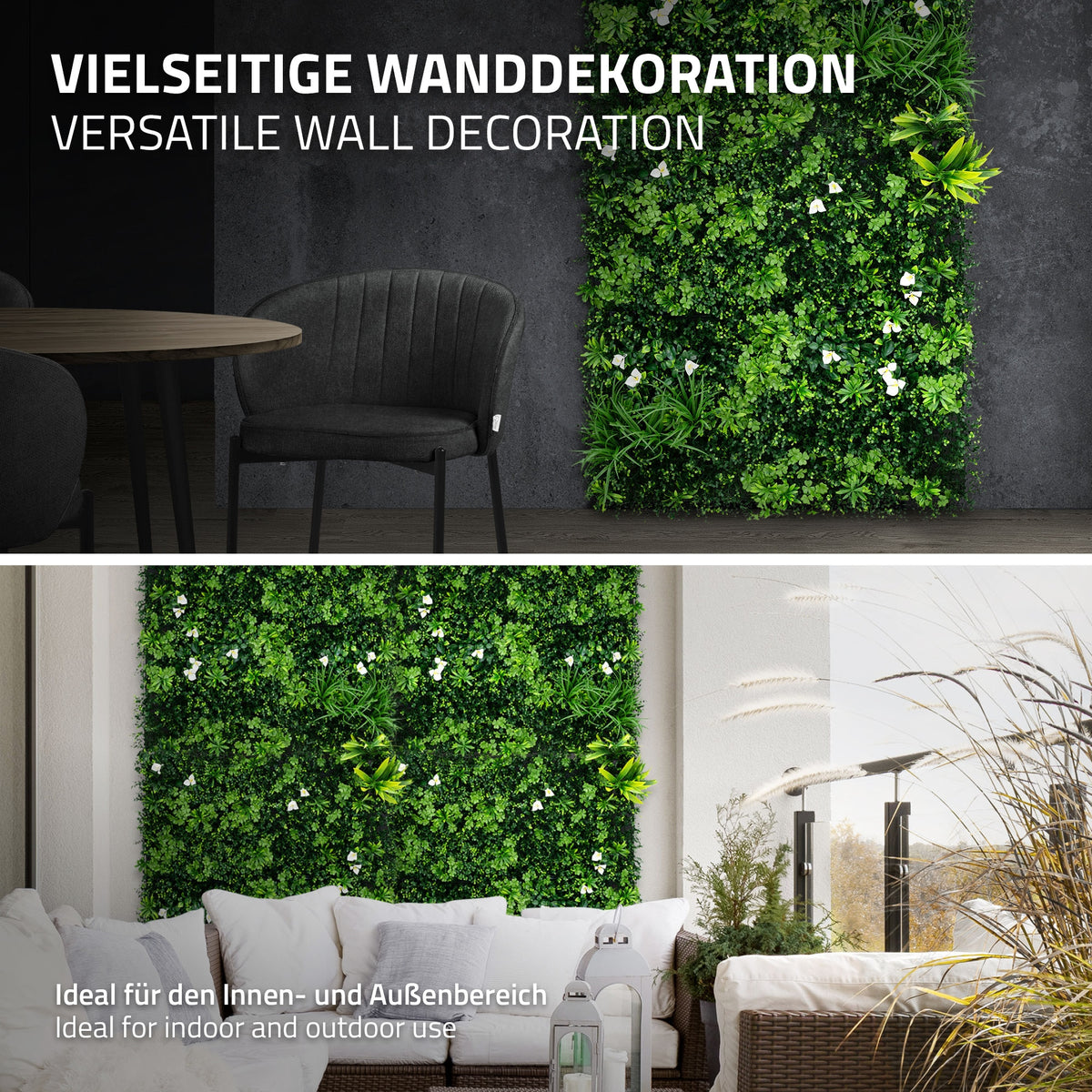 Décoration murale en plantes, adaptée aux espaces intérieurs et extérieurs.