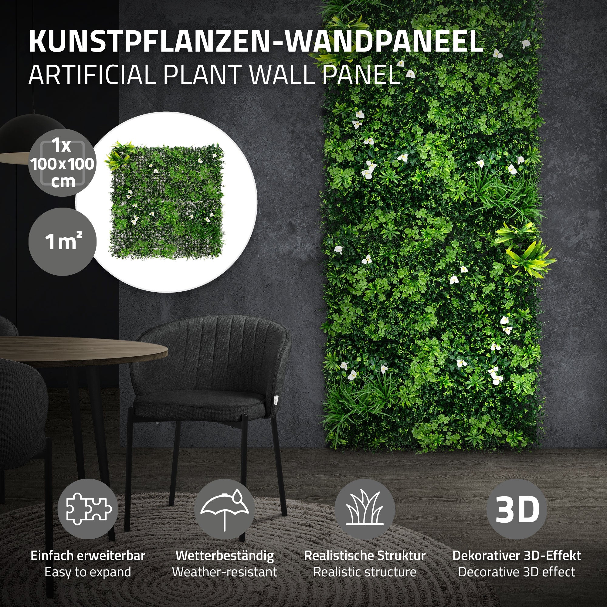 Panneau mural en plantes artificielles avec des plantes vertes sur un mur, chaise au premier plan.