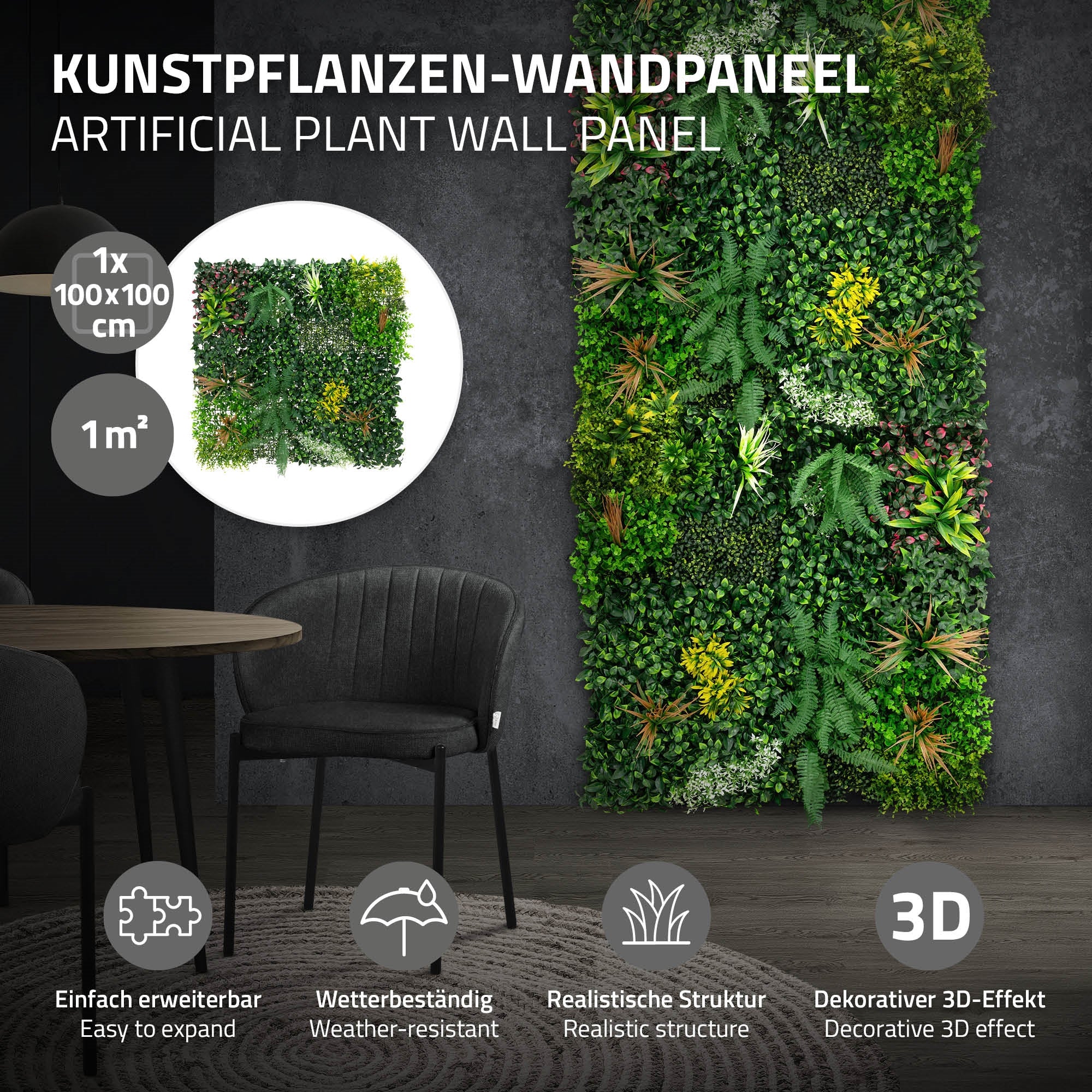 Panneau mural de plantes artificielles avec différentes plantes vertes, monté sur un mur.