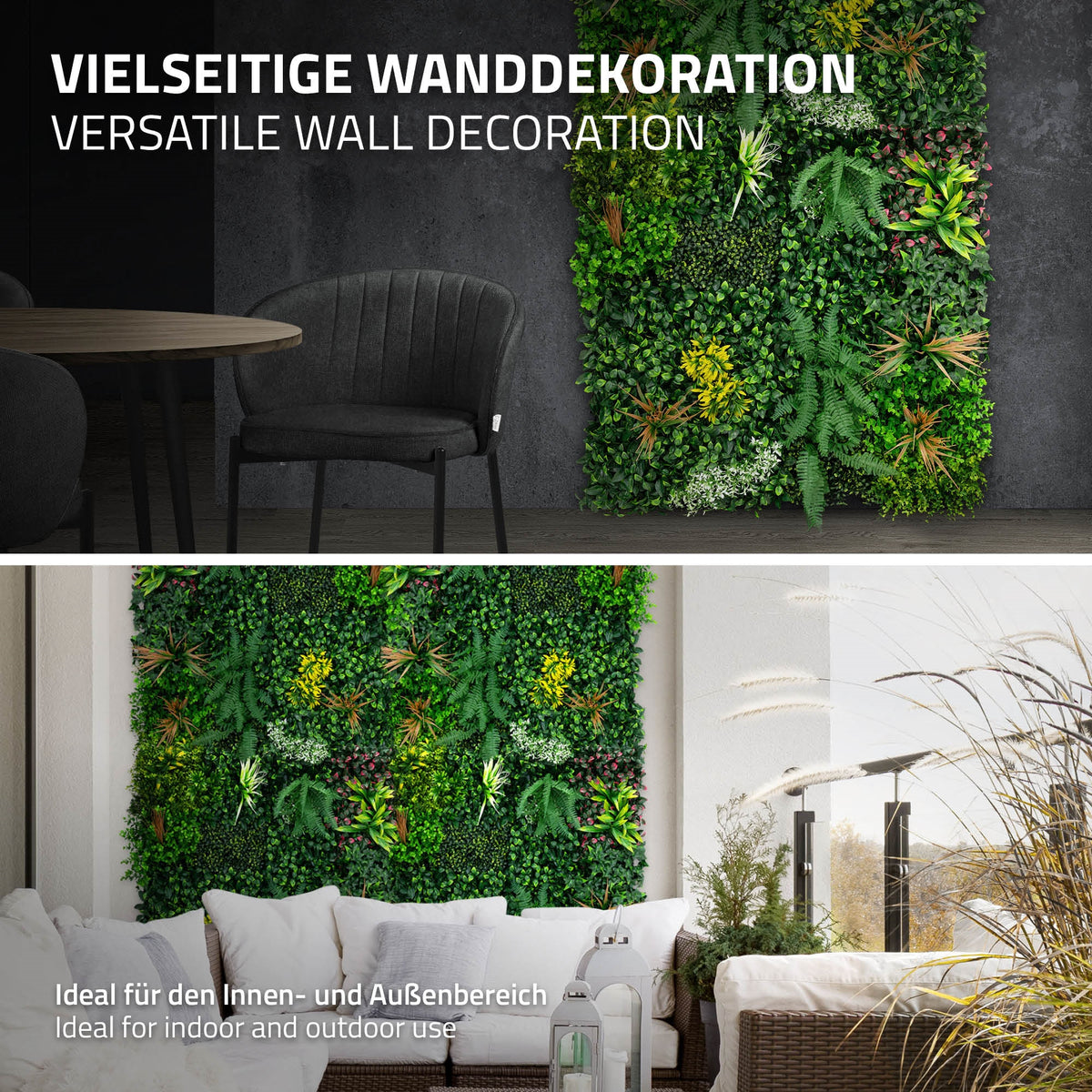 Décoration murale avec différentes plantes pour l'intérieur et l'extérieur.