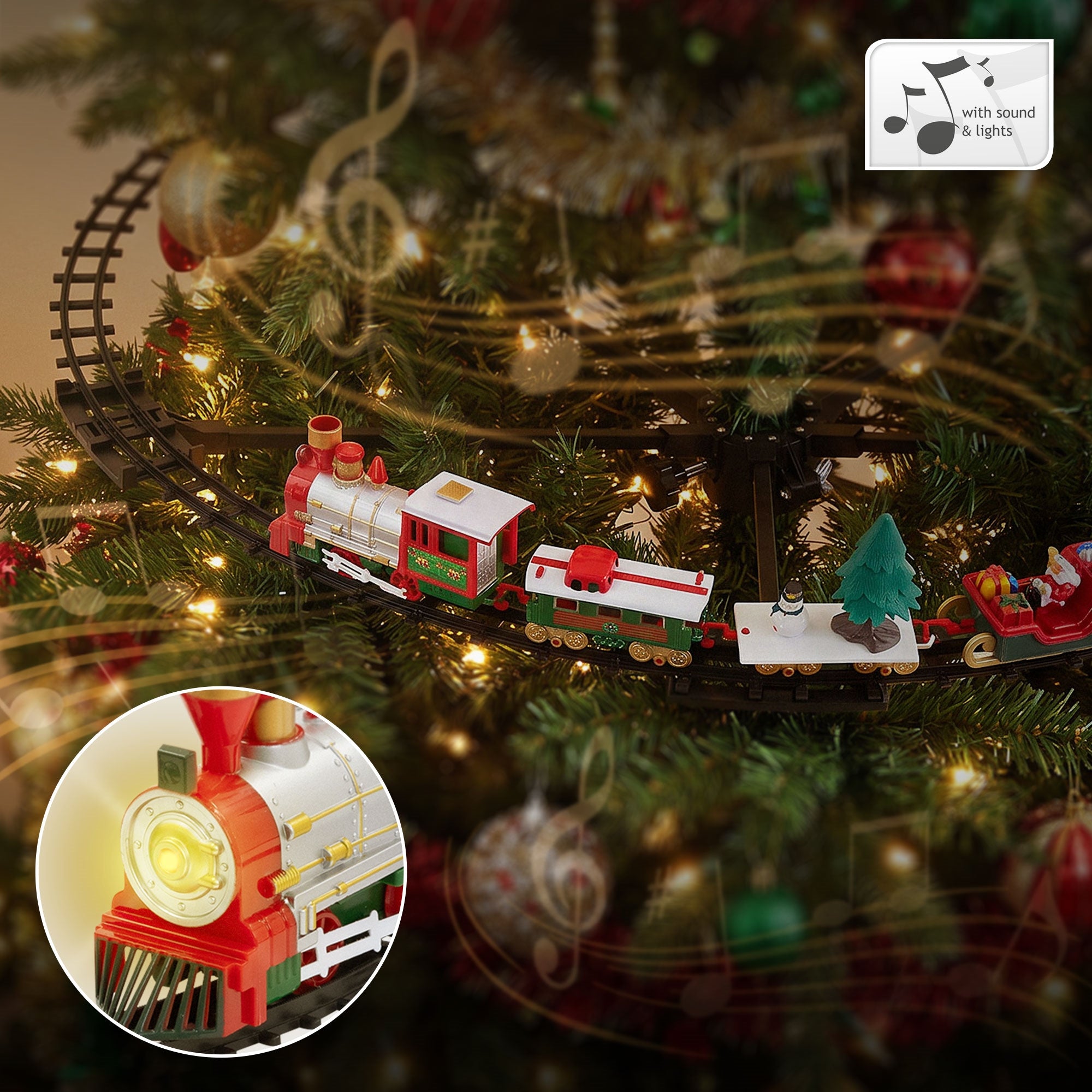 Eisenbahn mit Lichtern und Musik auf einem Weihnachtsbaum.