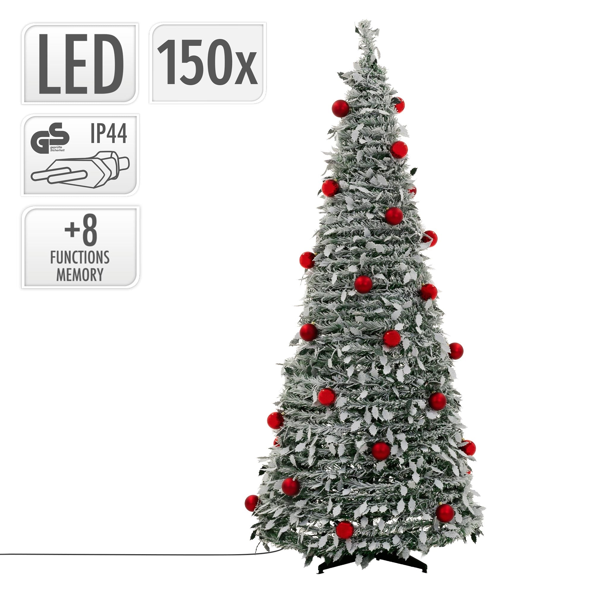 Umělý vánoční stromeček s červenými koulemi a LED funkcemi, popis v rohu.