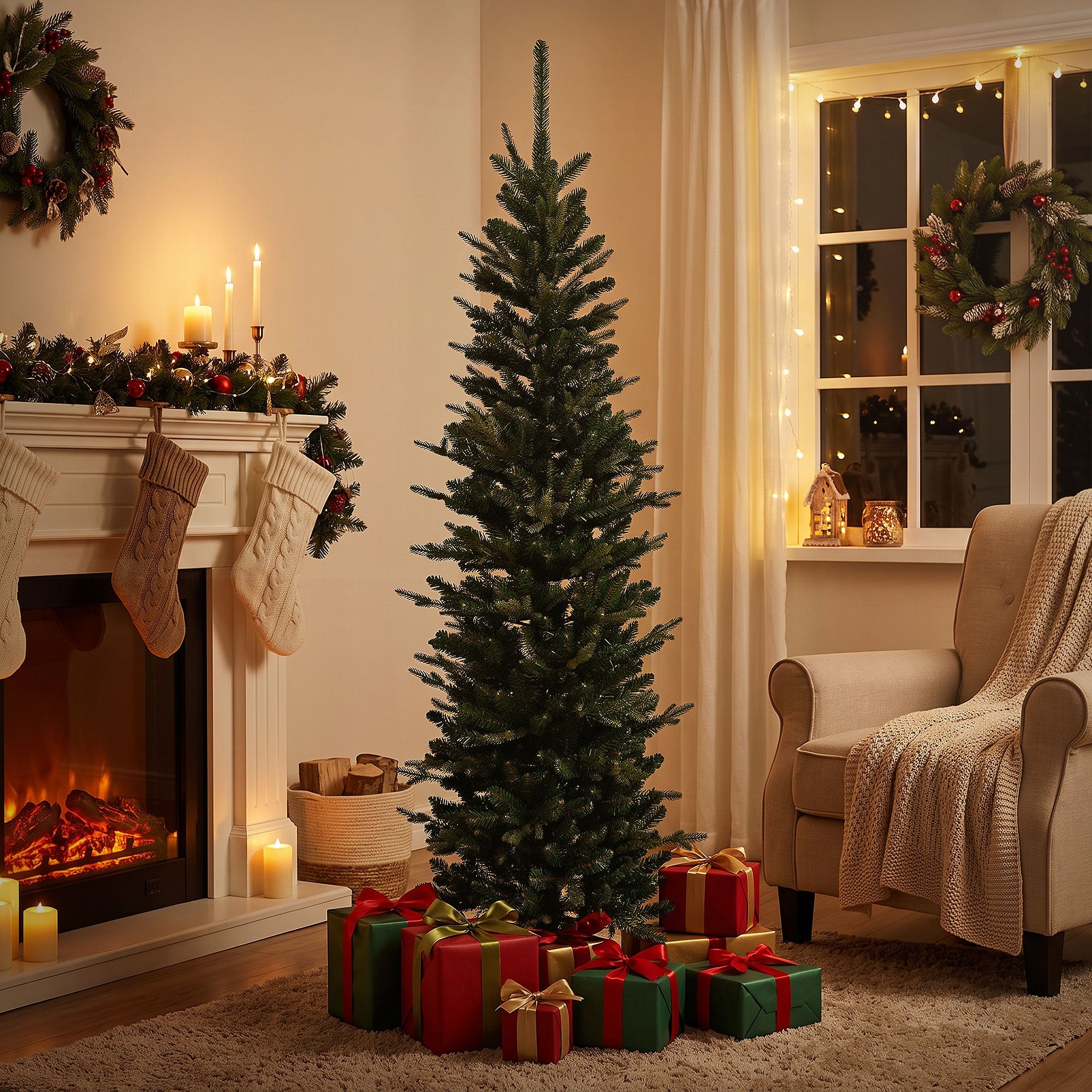 Künstlicher Weihnachtsbaum in einem festlich dekorierten Raum mit Geschenken.