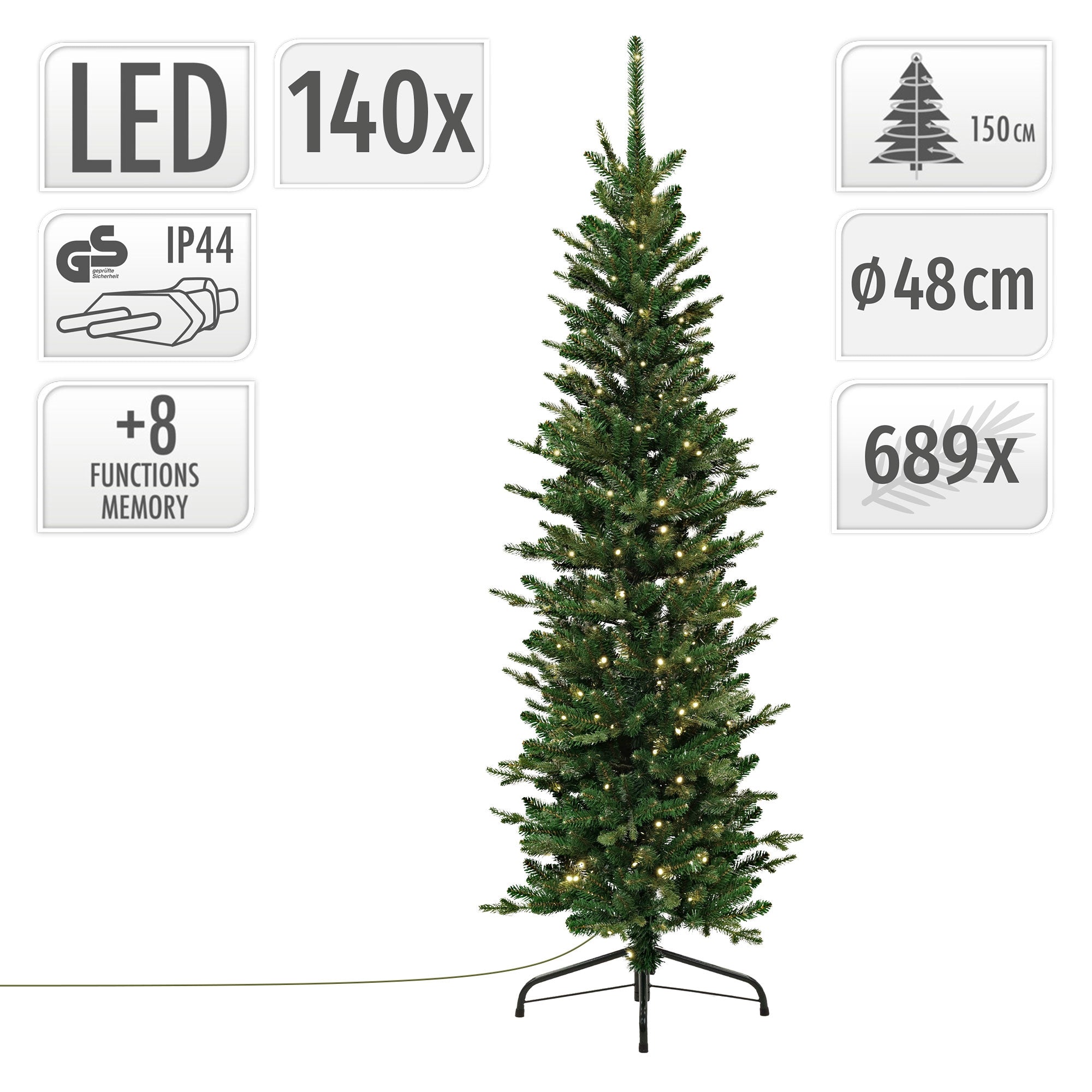 Tuotetiedot tekijoulukuusesta LED-valoilla ja mitoilla.