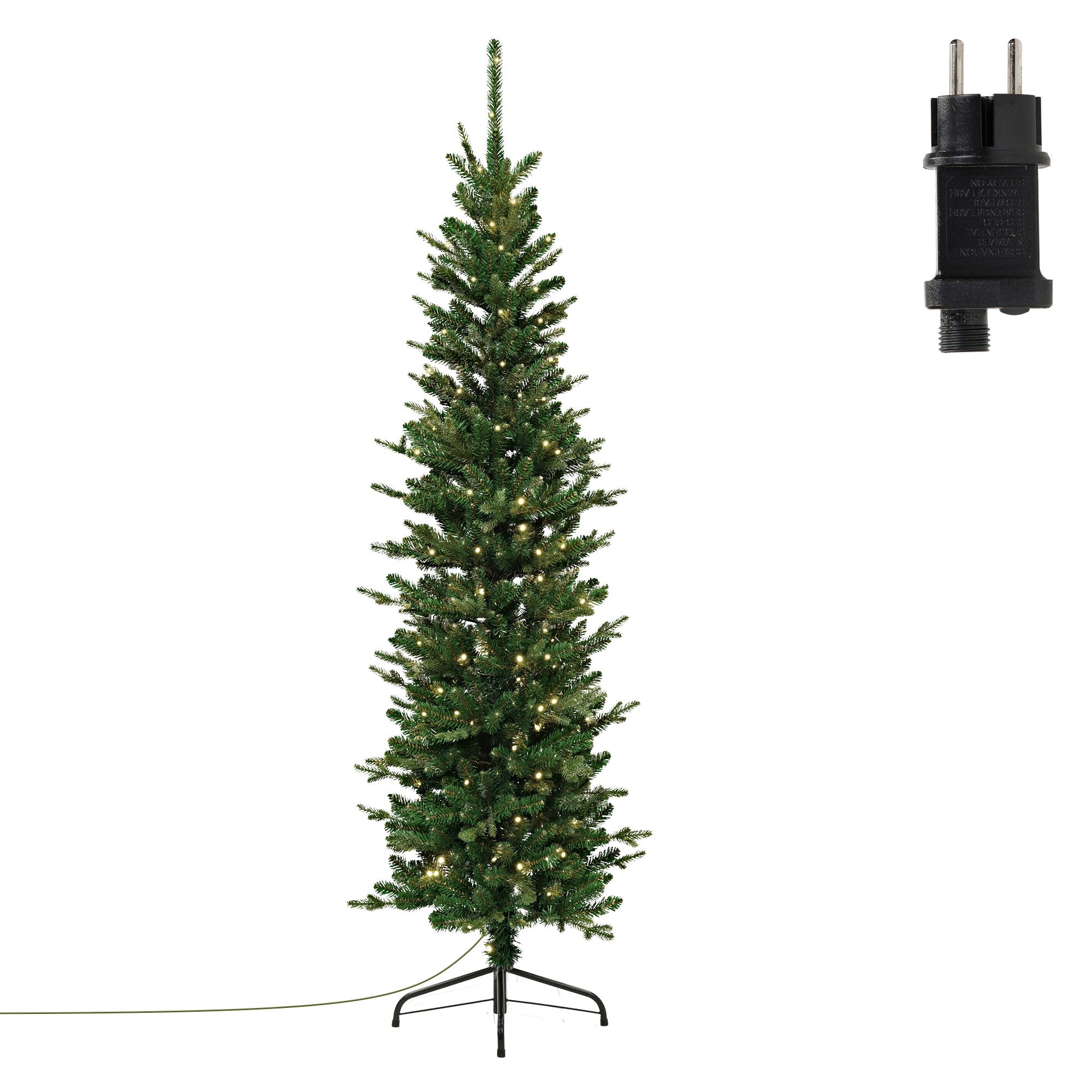 Künstlicher Weihnachtsbaum mit LED-Lichtern und Stecker, Höhe 180 cm.