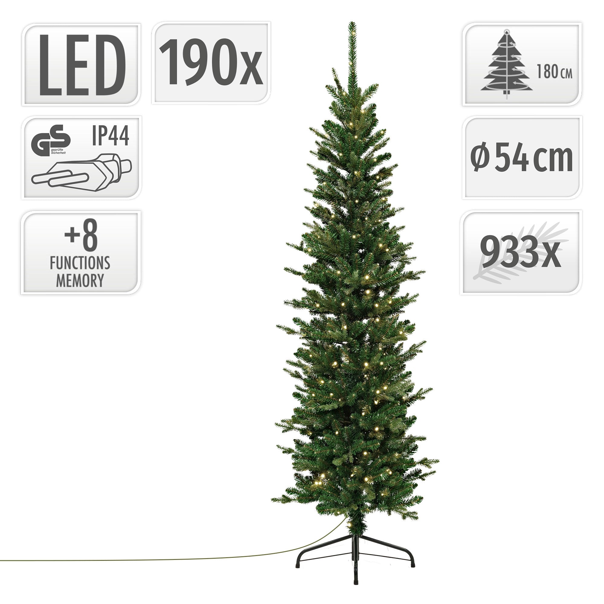 Künstlicher Weihnachtsbaum mit LED-Lichtern, Höhe 180 cm, Durchmesser 54 cm.