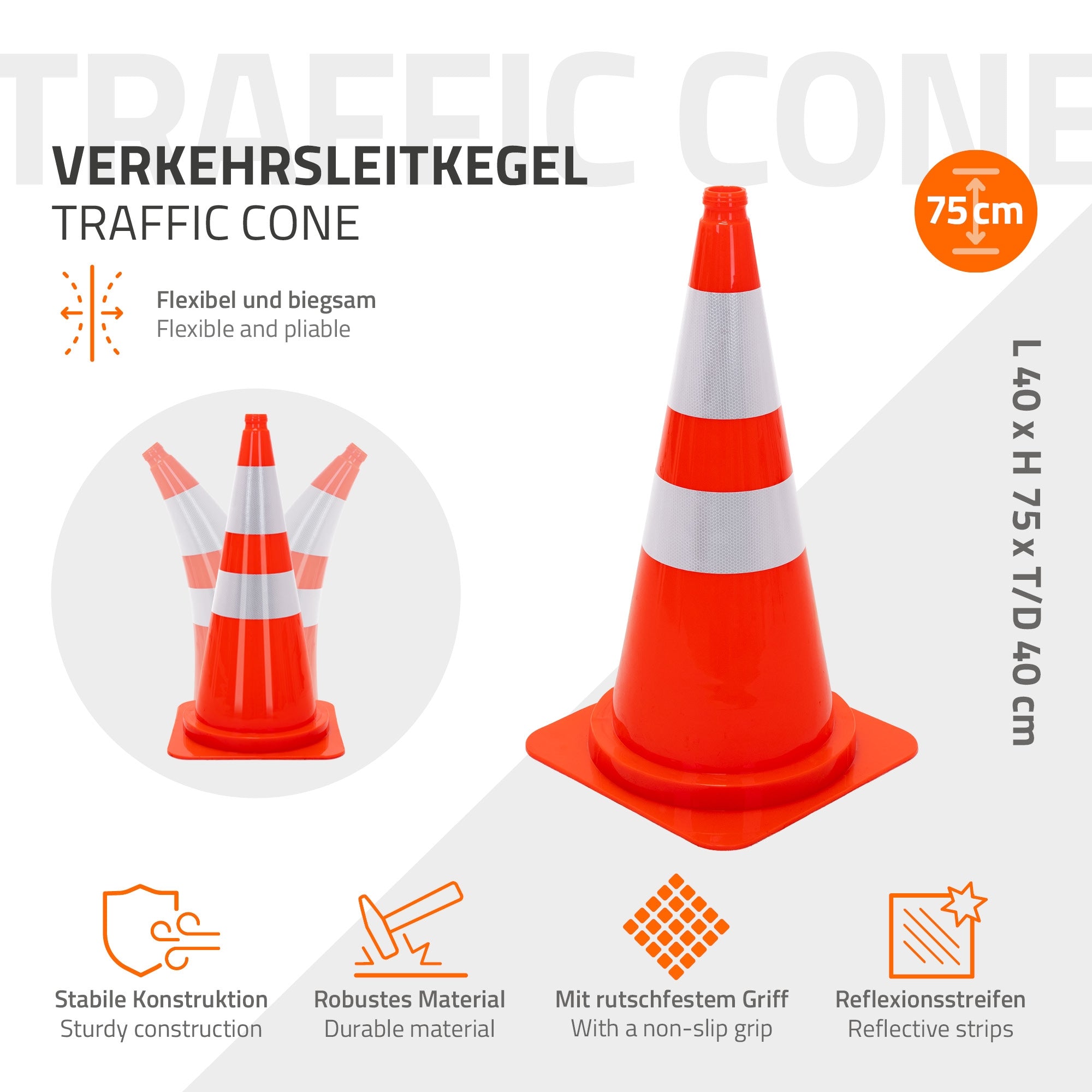 Traffic cone with flexible construction and reflective stripes.