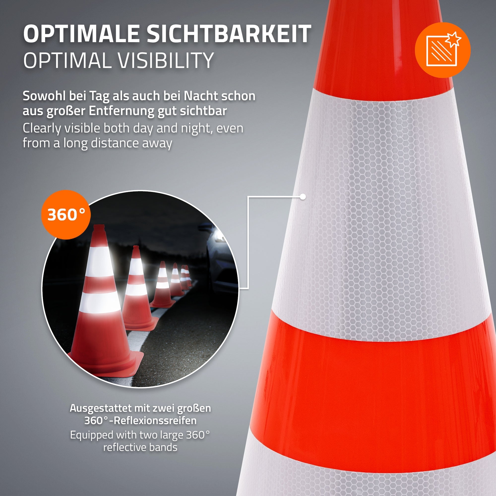 Verkeerskegel met reflecterende strepen, zichtbaar bij dag en nacht.