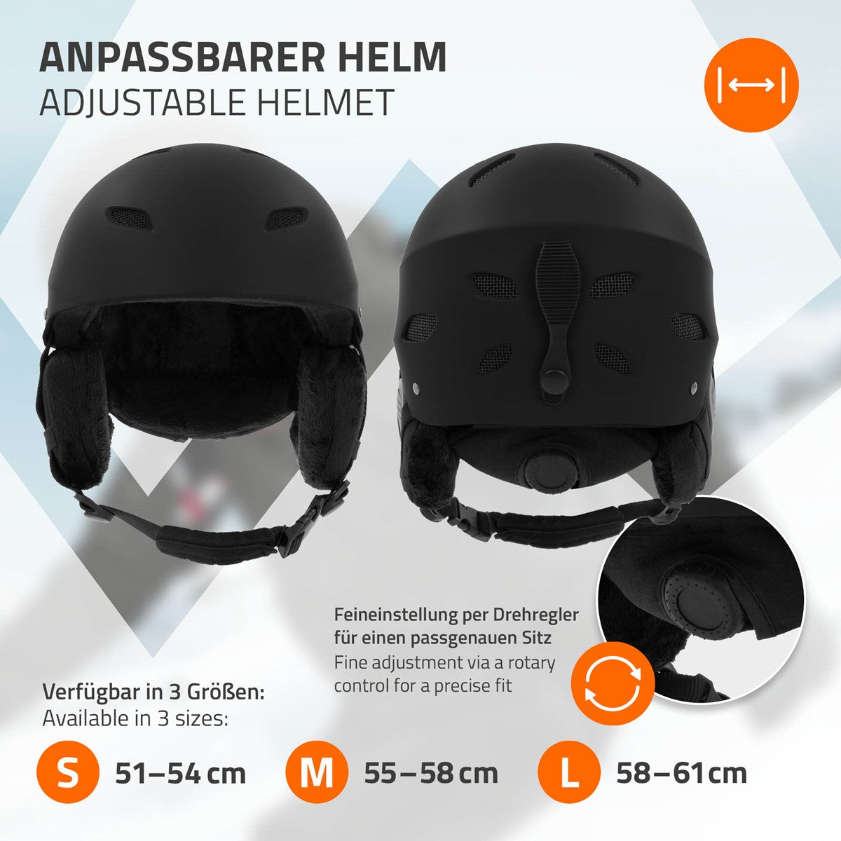 Schwarzer, anpassbarer Helm mit Größenangaben und Drehregler.