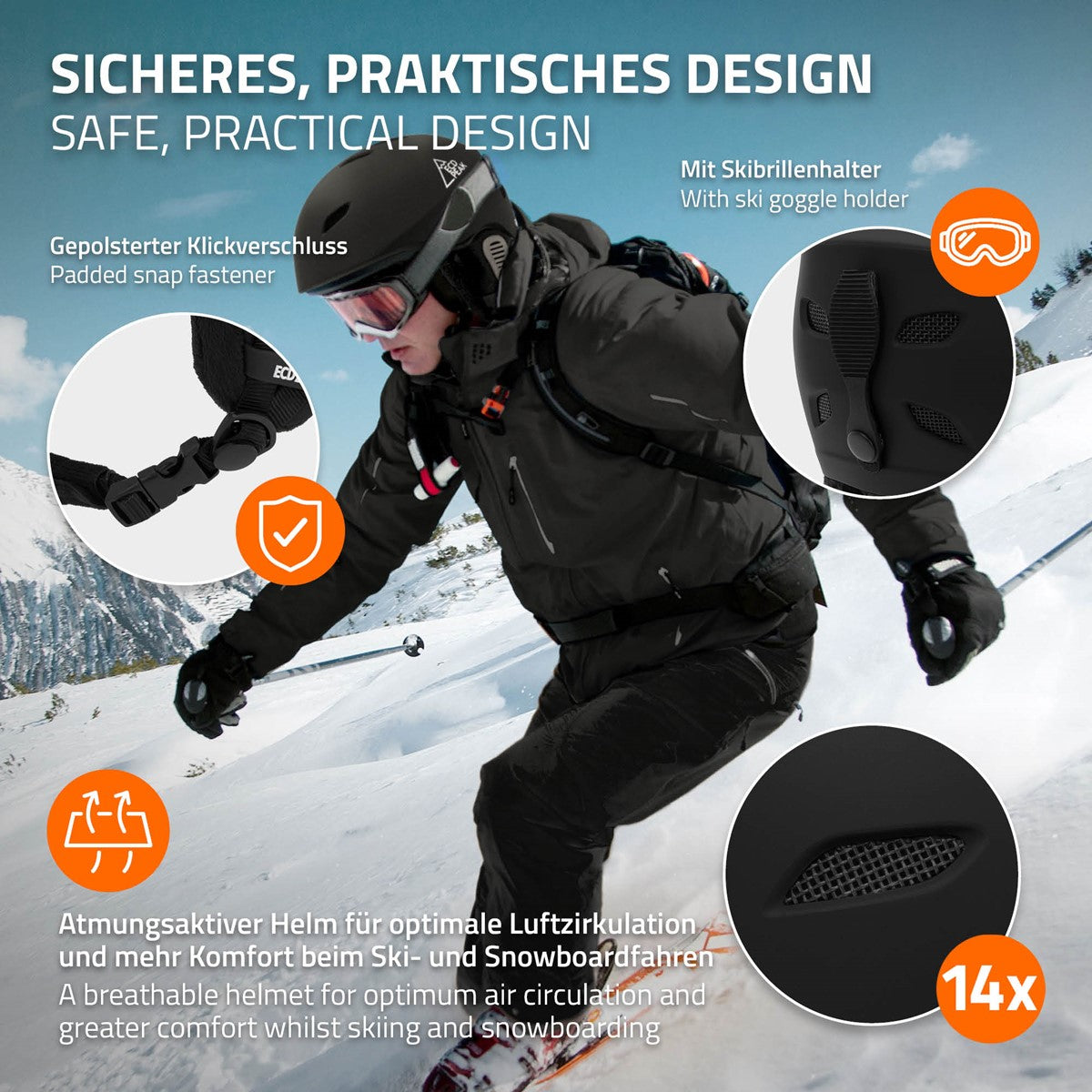 Mann in dunkler Ski-Ausrüstung fährt auf Schnee, Helm mit Skibrillenhalter.