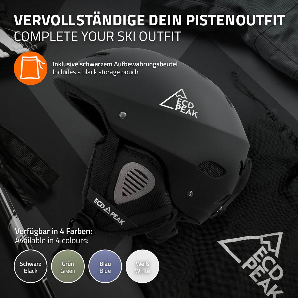 Schwarzer Skihelm mit schwarzem Aufbewahrungsbeutel und Zubehör auf einem Tisch.
