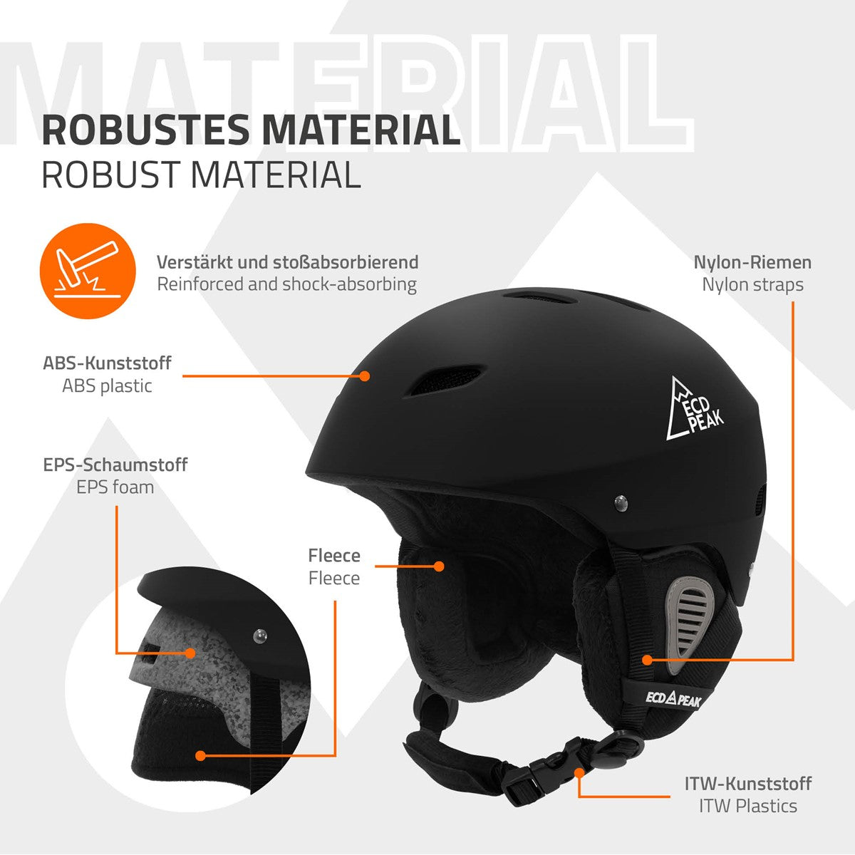 Weißer Ski- und Snowboardhelm mit robustem Material und verschiedenen Schichten.