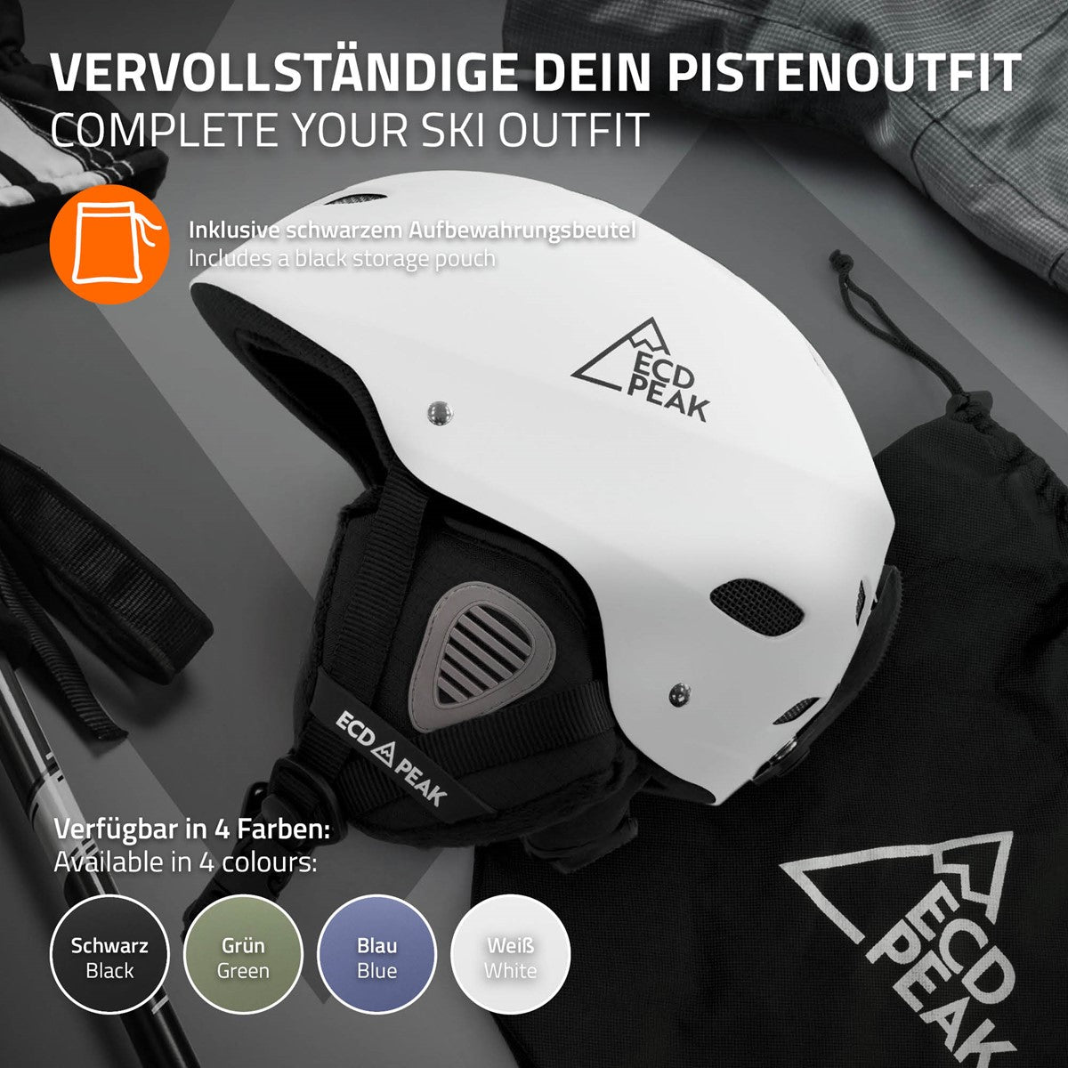 Skihelm in Weiß mit schwarzem Aufbewahrungsbeutel und weiteren Accessoires.
