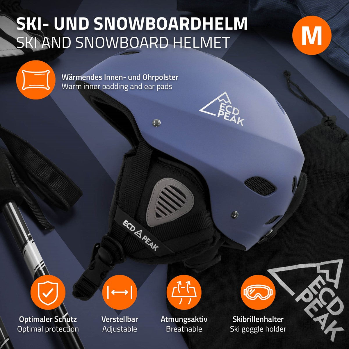 Blauer Ski- und Snowboardhelm mit Innenpolsterung und Ohrpolstern.