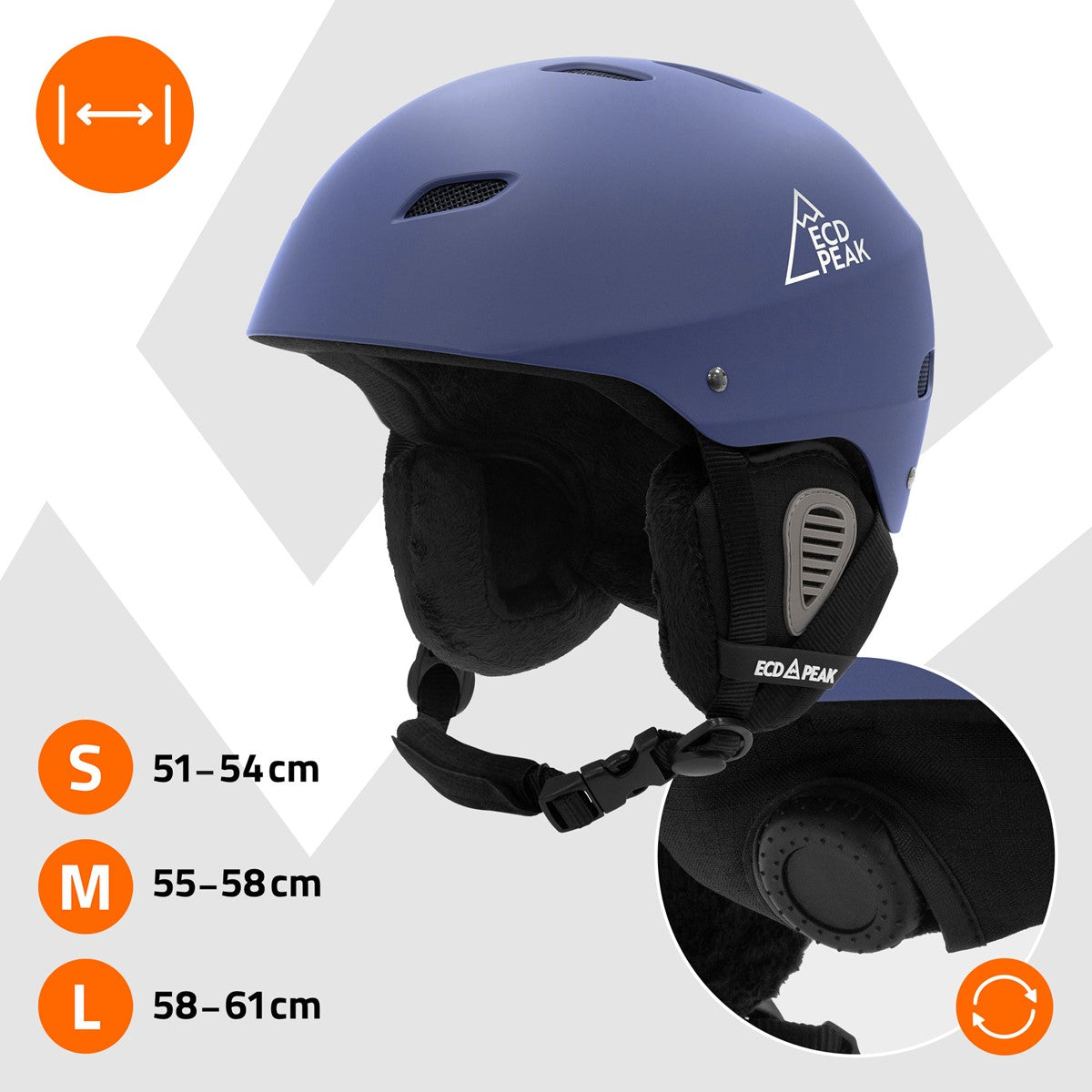 Blauer Skihelm mit Größenangaben S, M, L und einem abnehmbaren Ohrenschutz.