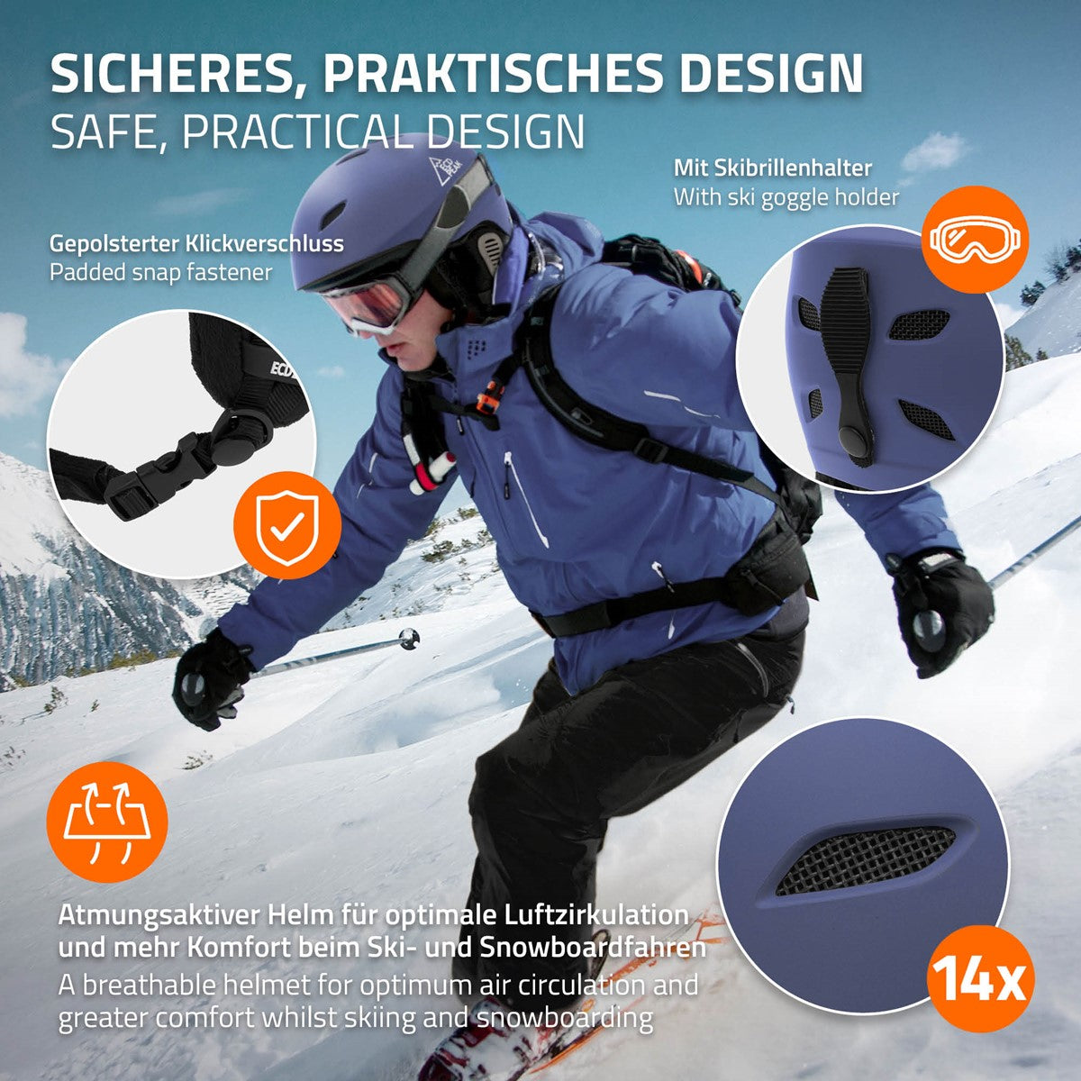 Skifahrer in blauem Helm auf der Piste, mit Skibrillenhalter und gepolstertem Kinnriemen.
