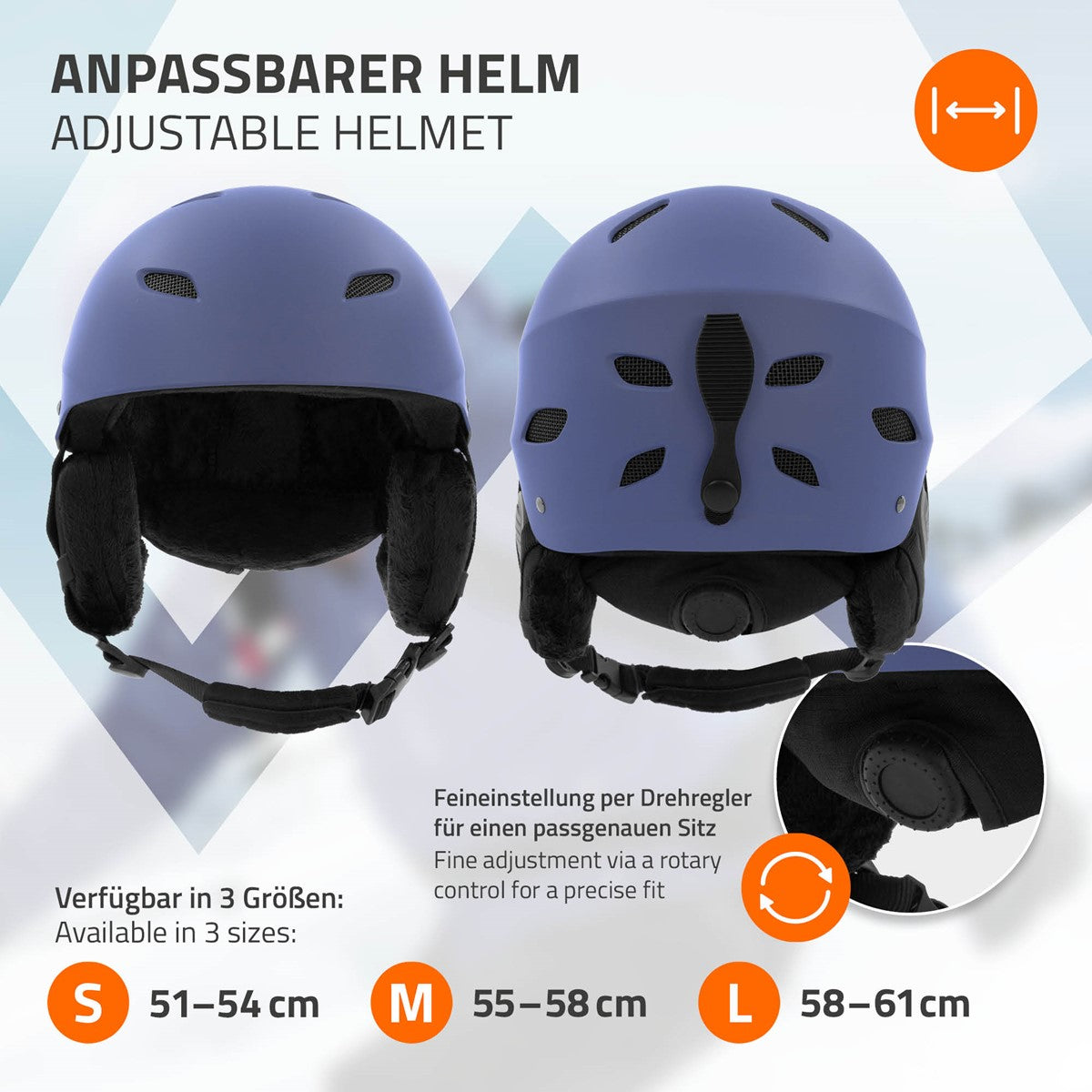 Zwei Ansichten eines anpassbaren Helms in blau, Größenangaben S, M, L.