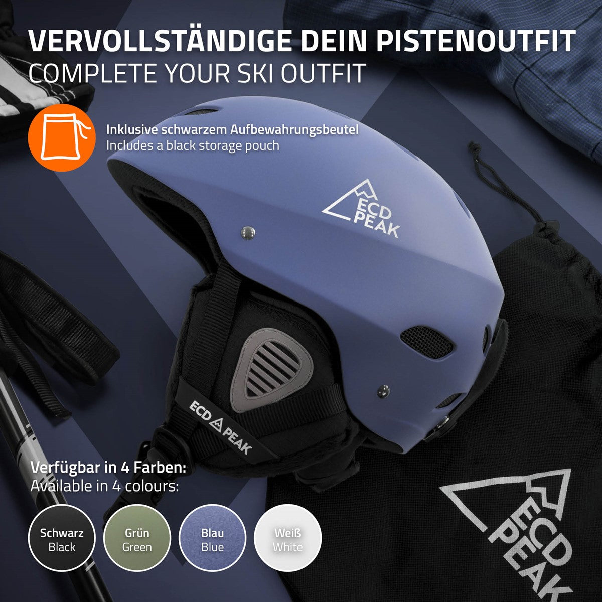 Blauer Skihelm mit schwarzem Aufbewahrungsbeutel, ECD PEAK Logo sichtbar.
