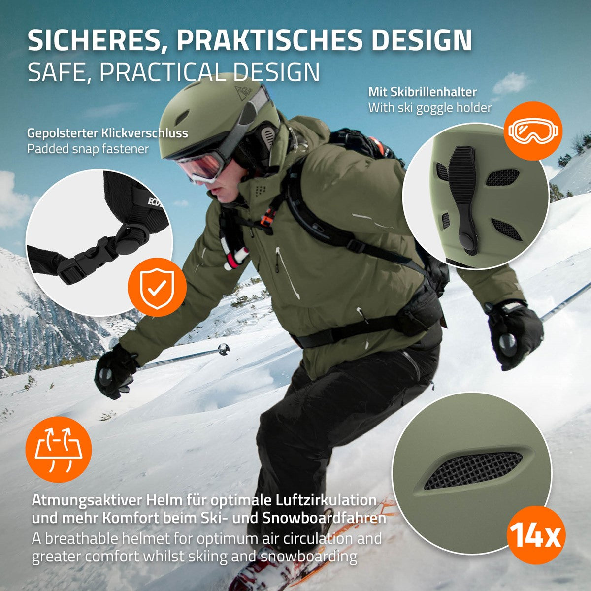 Skifahrer in grünem Helm auf der Piste, mit Skibrillenhalter und gepolstertem Kinnriemen.
