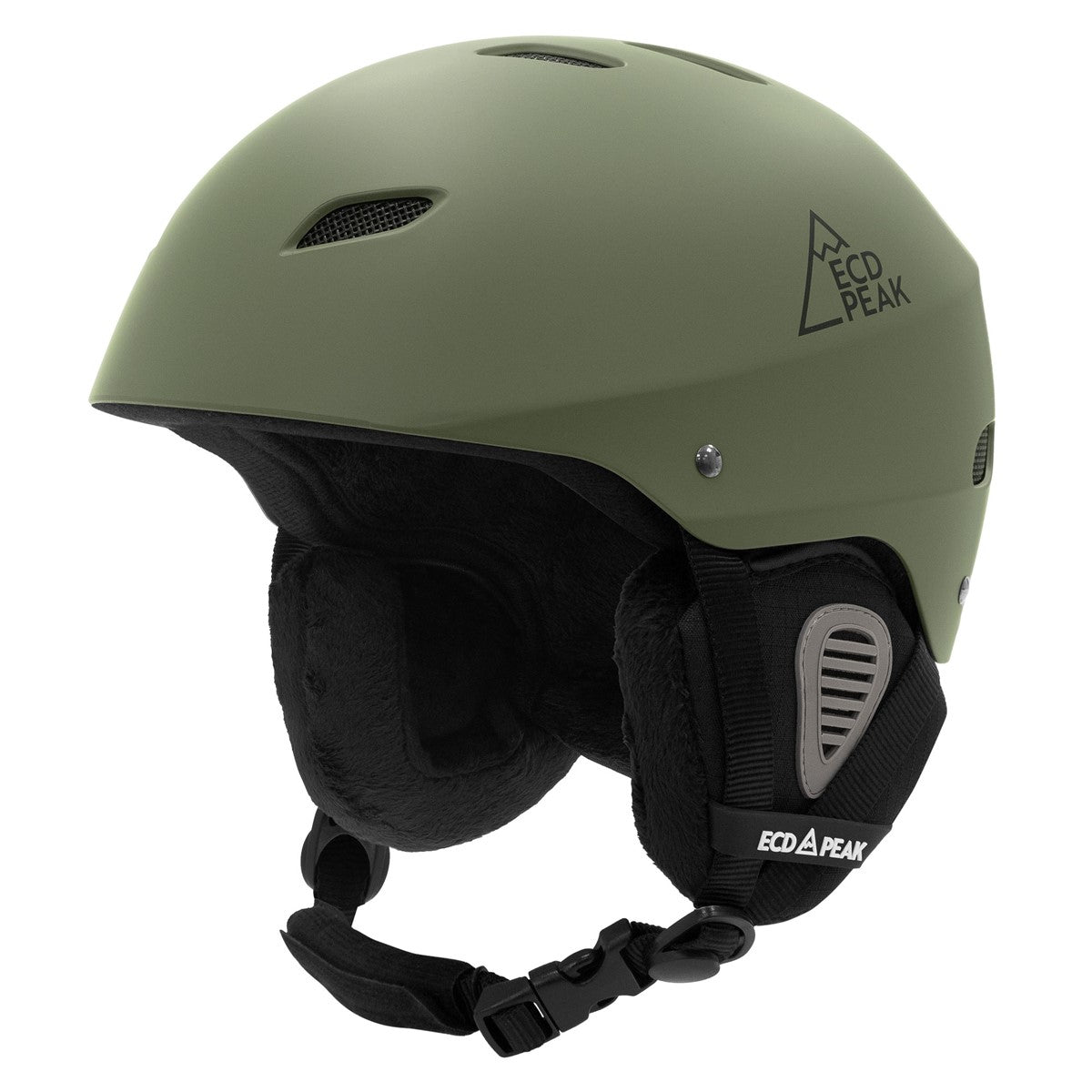 Grüner Skihelm mit Innenpolsterung und Belüftungslöchern, auf weißem Hintergrund.