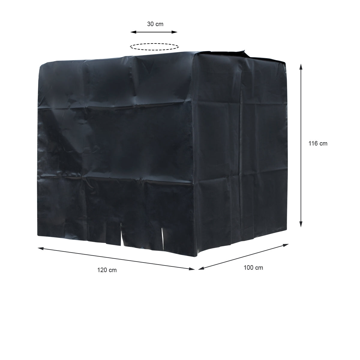 Une tente de couverture noire et rectangulaire avec des dimensions et une ouverture en haut.