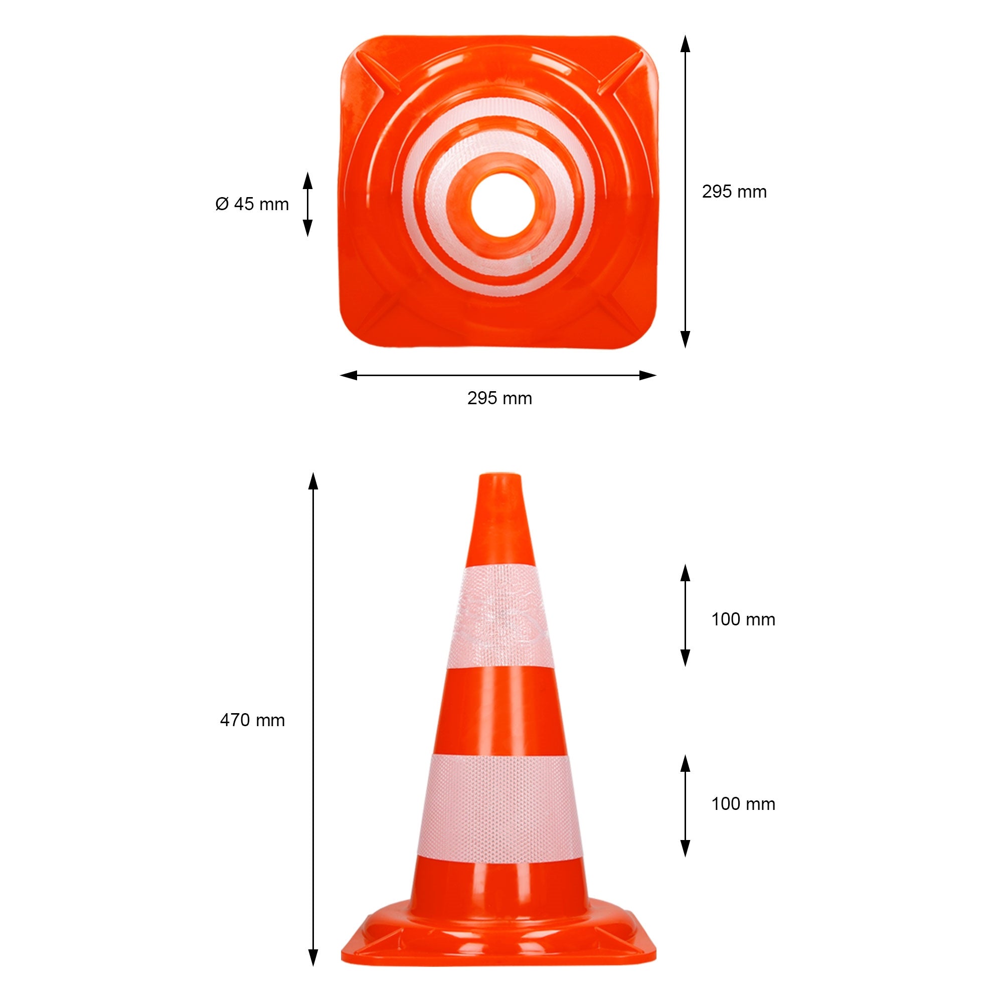 Cône de circulation orange avec des bandes blanches et des indications de mesure.
