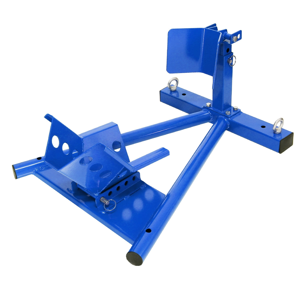 Support bleu avec plusieurs points de fixation et un couvercle latéral.