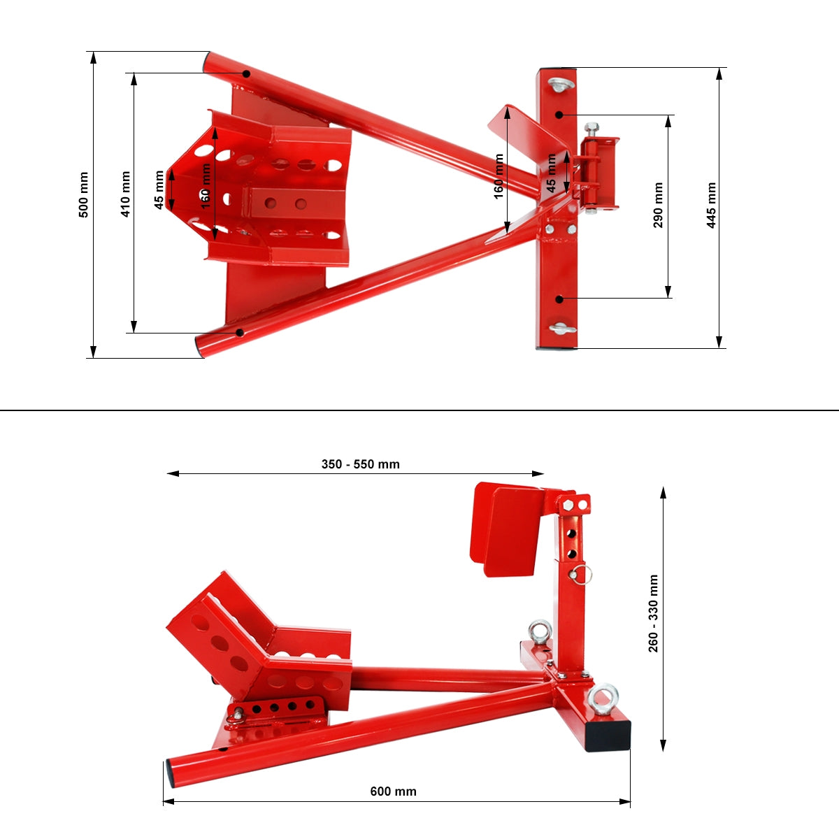 Support rouge avec des dimensions en millimètres, représenté de dessus et de côté.