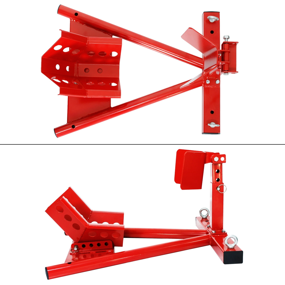 Outil rouge avec une base stable et plusieurs trous pour fixation.
