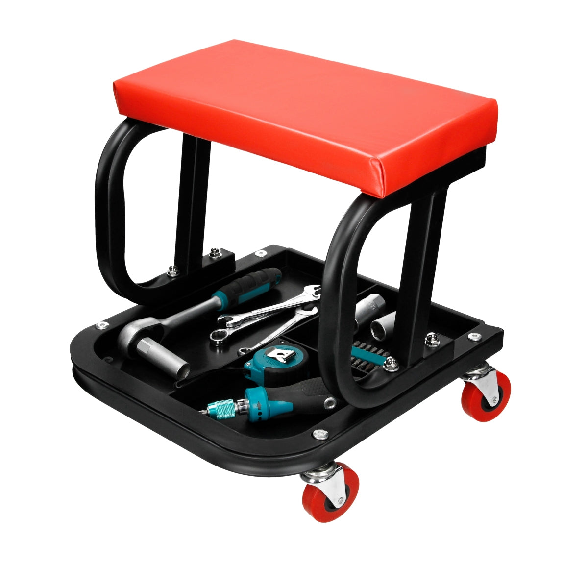 Taburete rojo con herramientas en una plataforma, con ruedas.