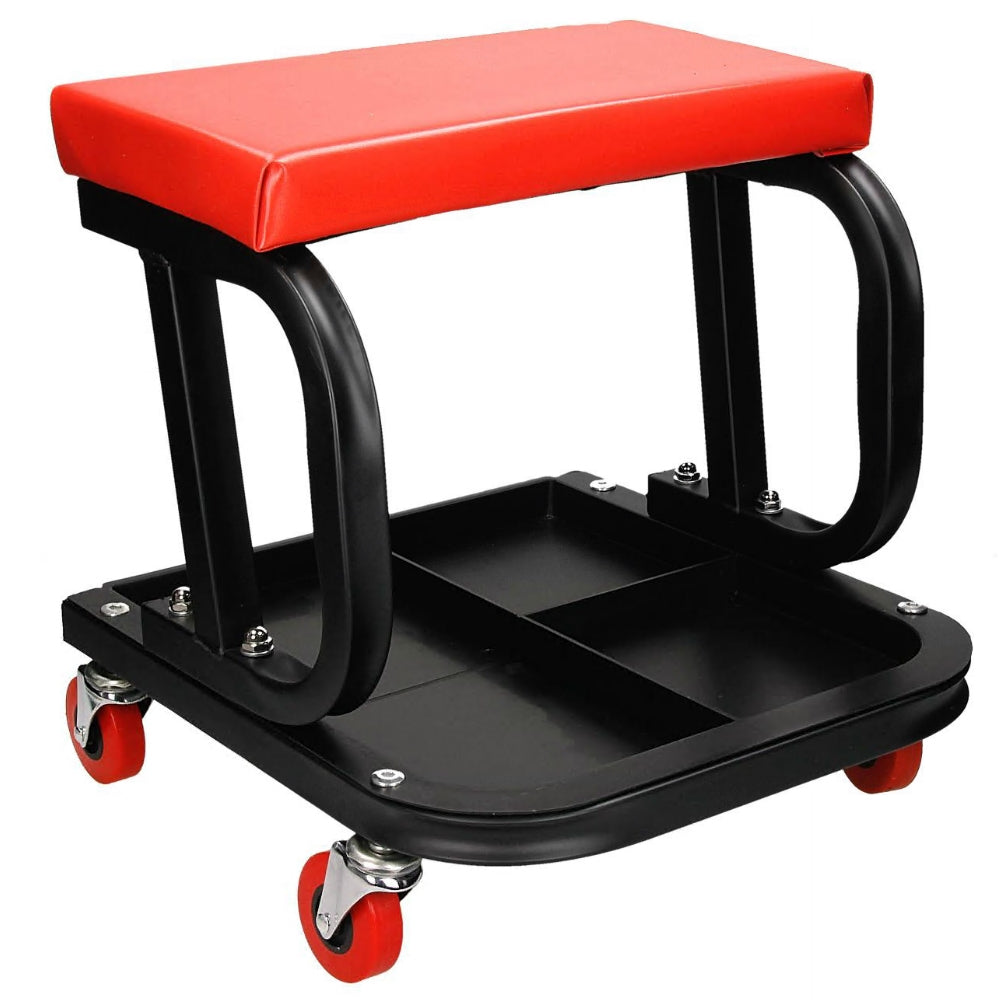 Carro de taller con cojín rojo y compartimentos de almacenamiento.