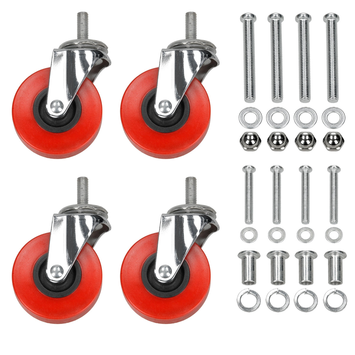Cuatro ruedas rojas con eje de metal y tornillos.