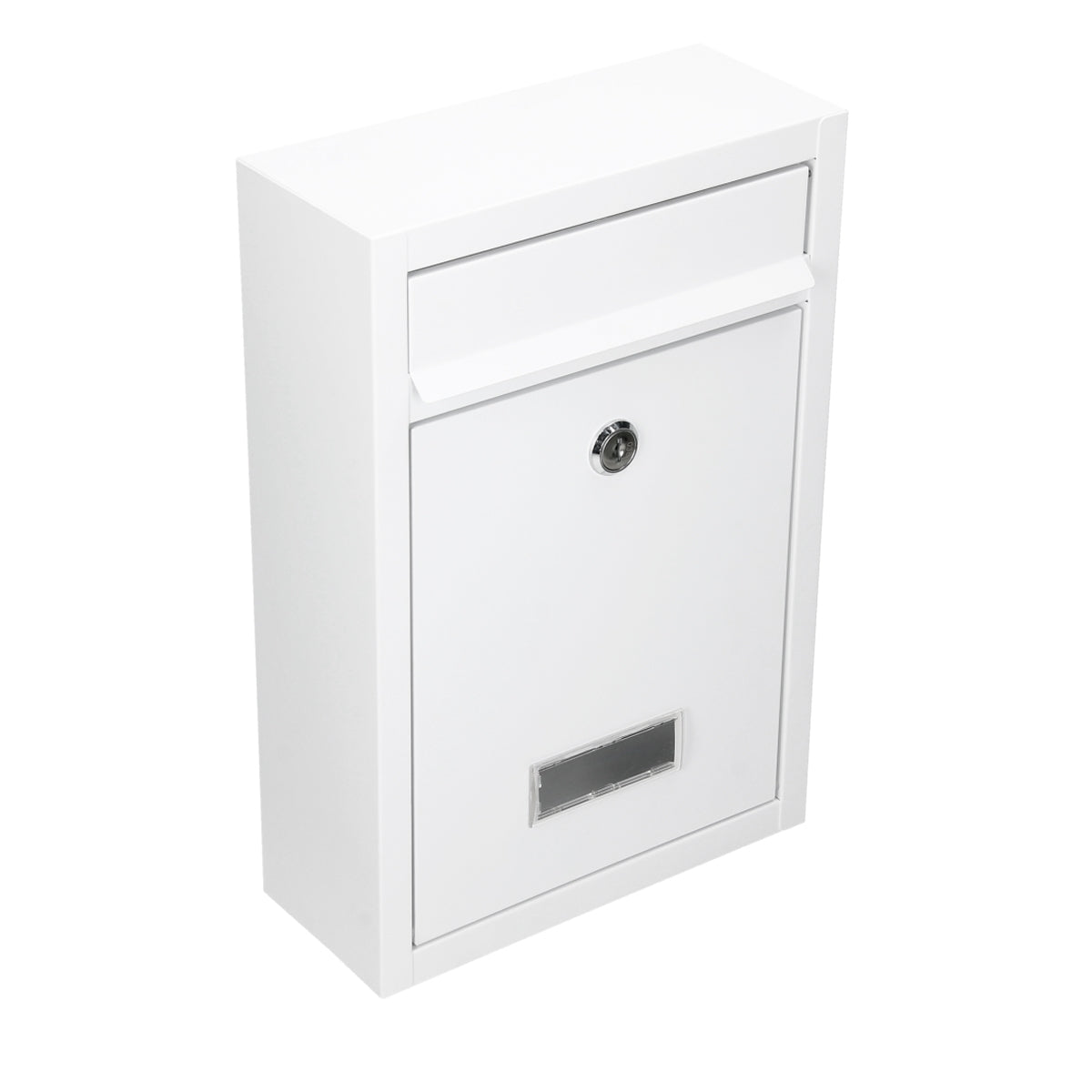 A white mailbox with a slot and a lock.