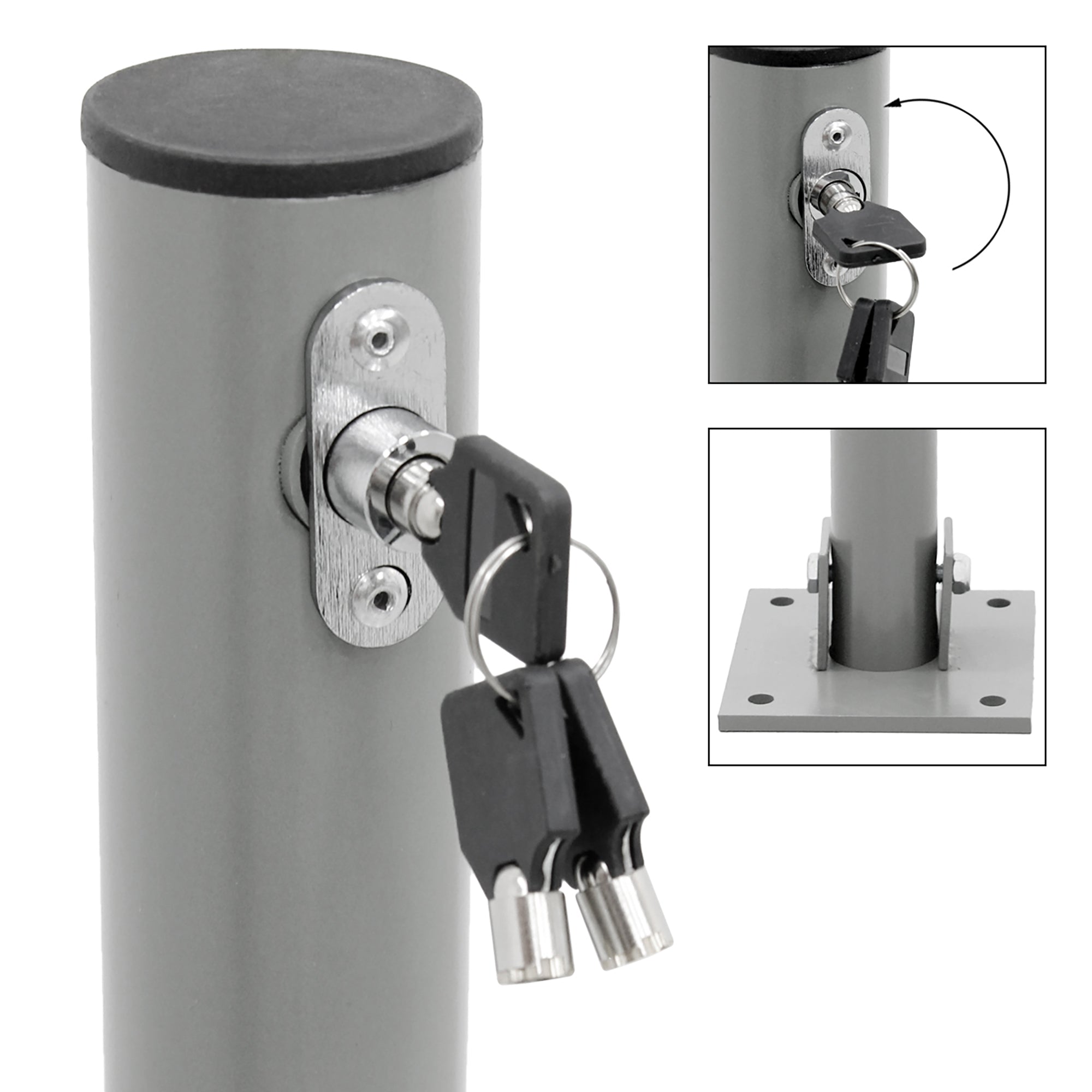 Poteau gris avec clé et cadenas, monté sur un mur.