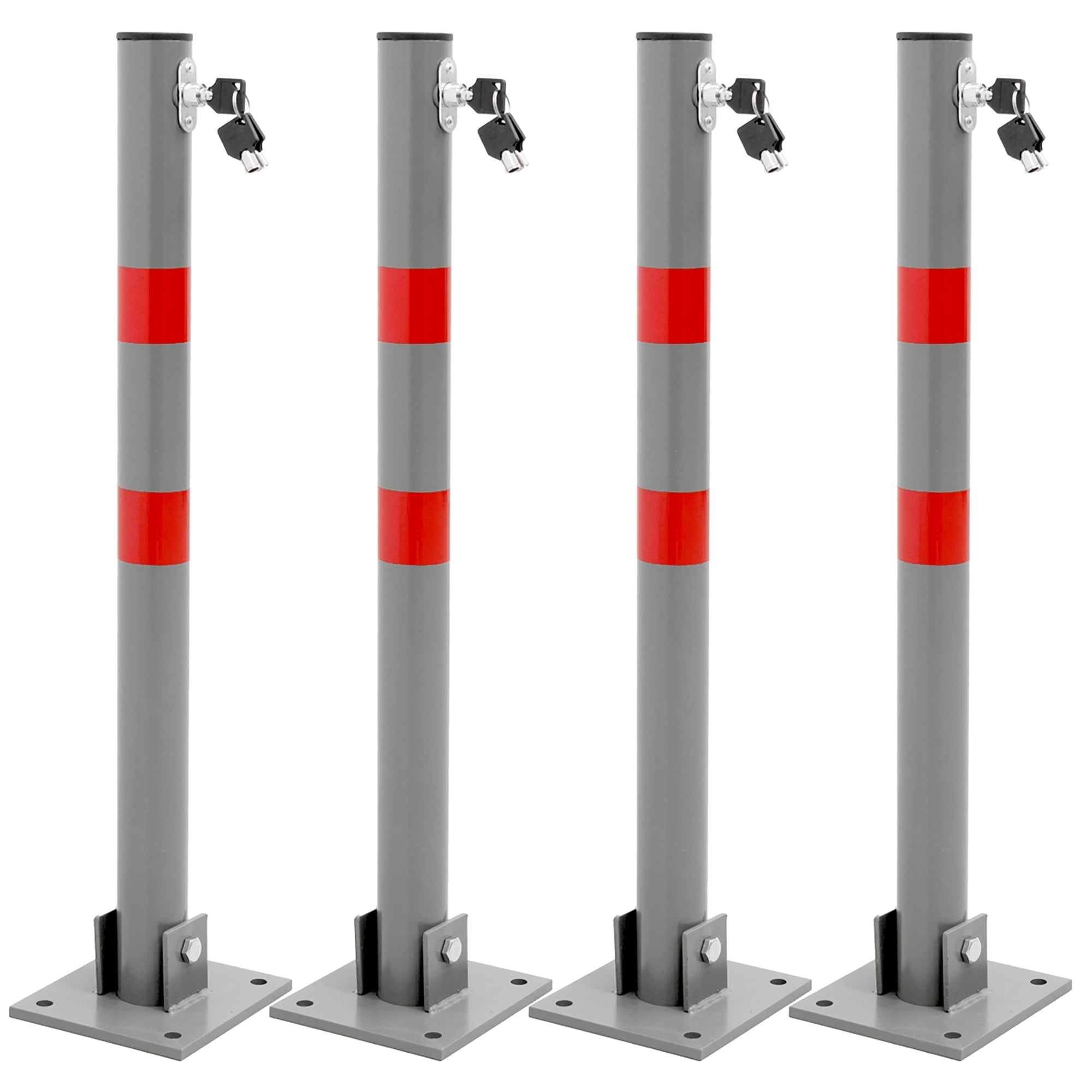 Quatre poteaux gris avec des bandes rouges et des cadenas, sur un fond blanc.