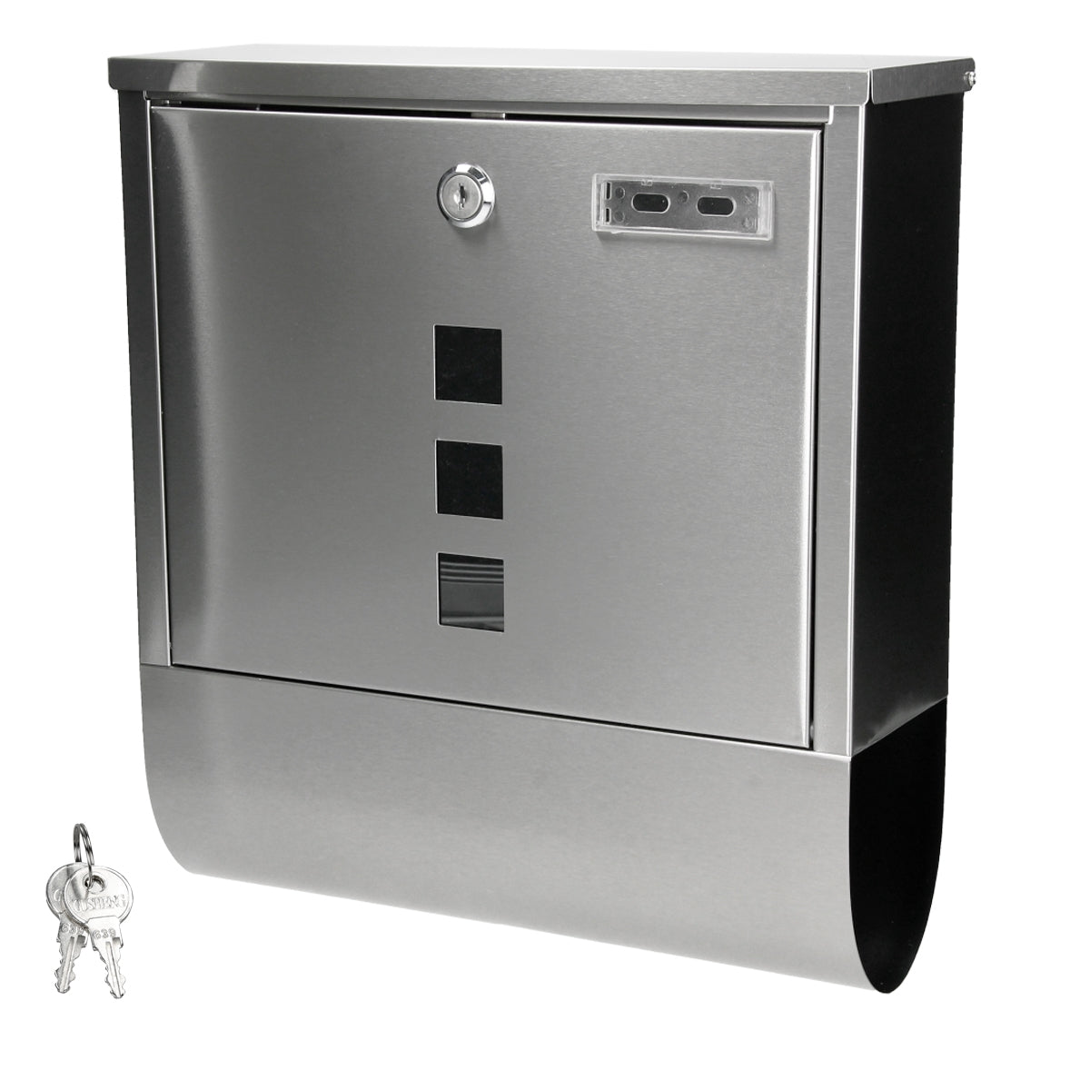 Stainless steel mailbox with key, dimensions: 21.5 cm x 32 cm x 9 cm.