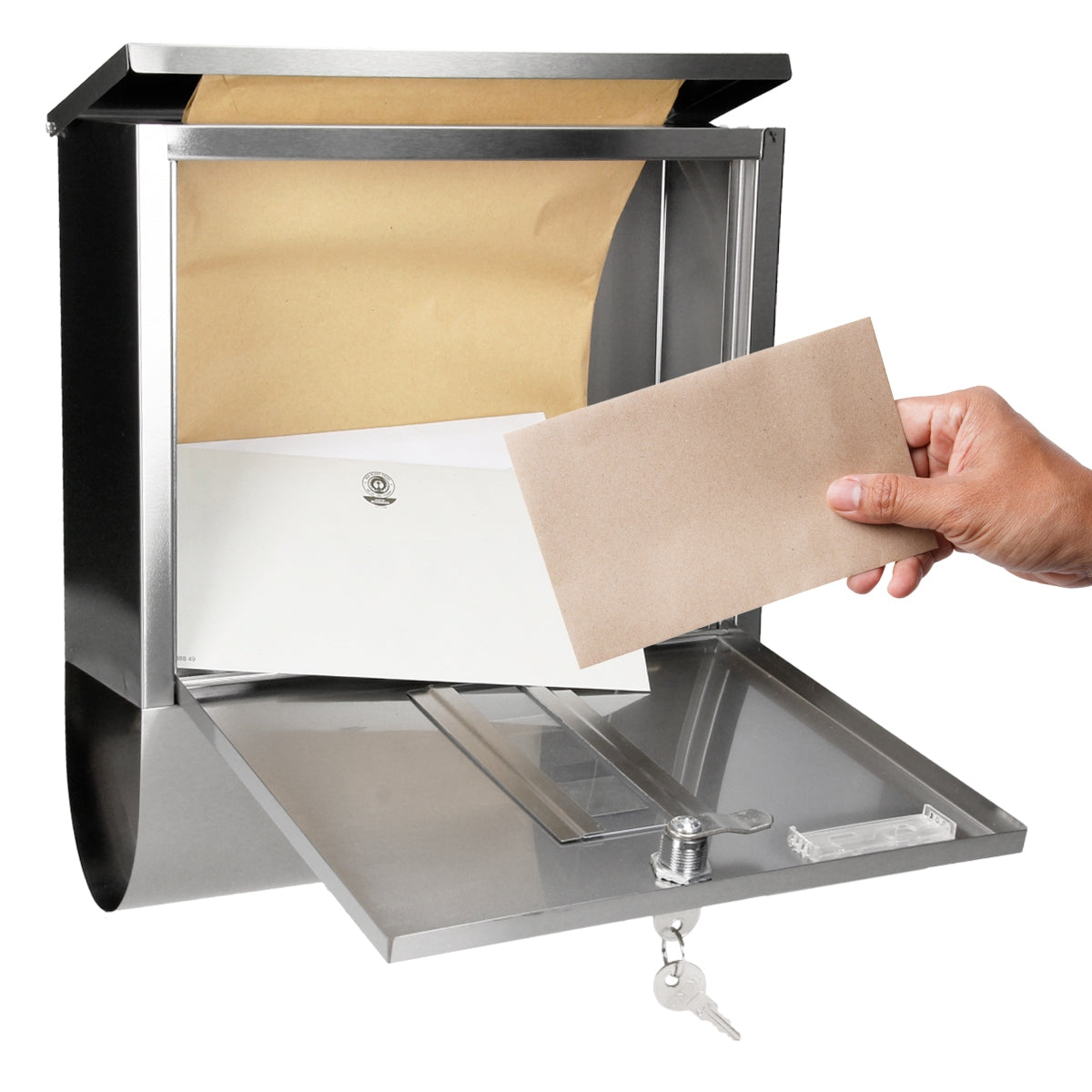 Stainless steel mailbox with open flap and hand placing a letter inside.